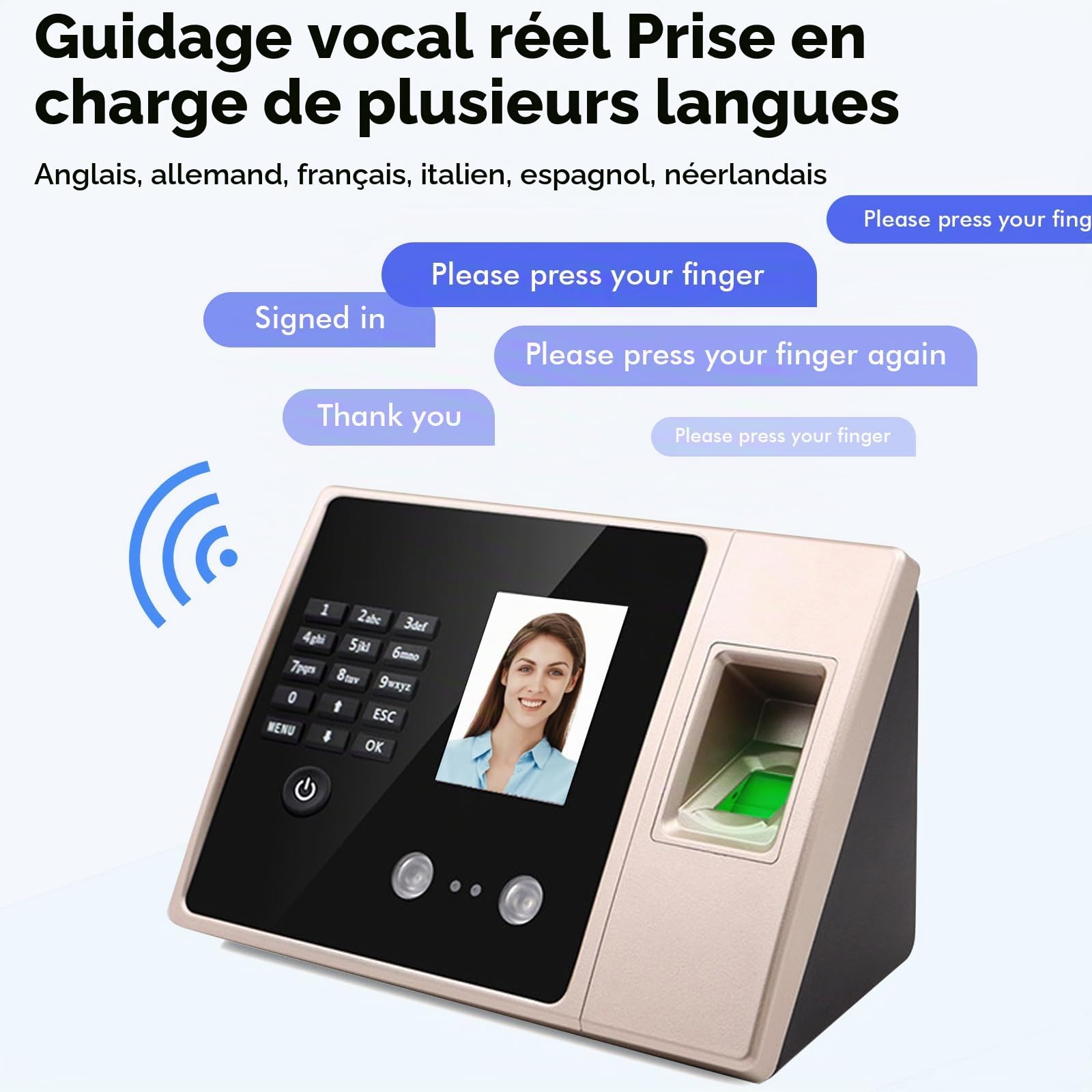 Pointeuse Horaire Biométrique, Machine de présence avec Visage, Empreintes Digitales, RFID et Codes PIN, Pointeuse biométrique pour Pointer Employées Entreprise, système Anglais, sans Connexion