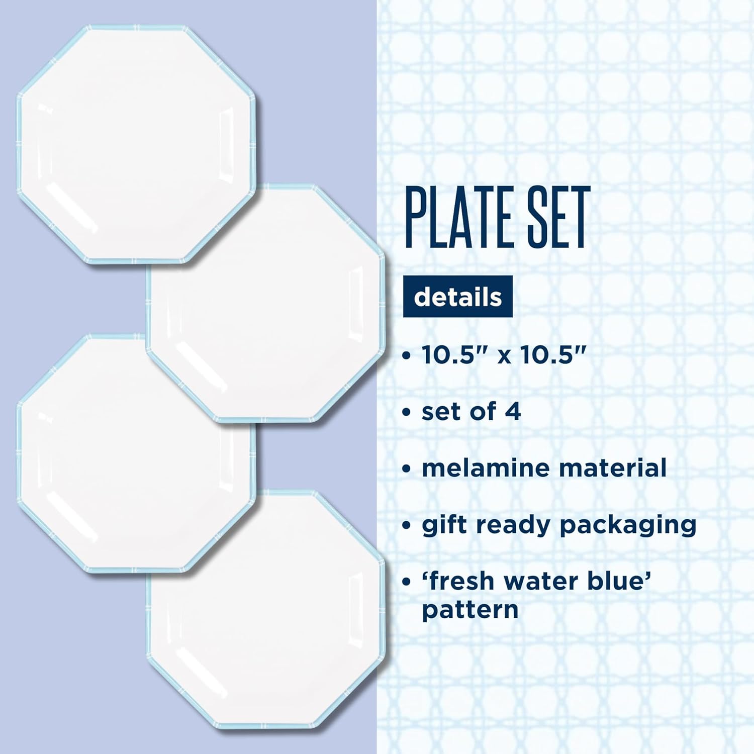 Lilly Pulitzer Set of 4 Melamine Dinner Plates, Kitchen/Outdoor Dining Serveware, Break and Scratch Resistant Dishes (Fresh Water Blue Bamboo)