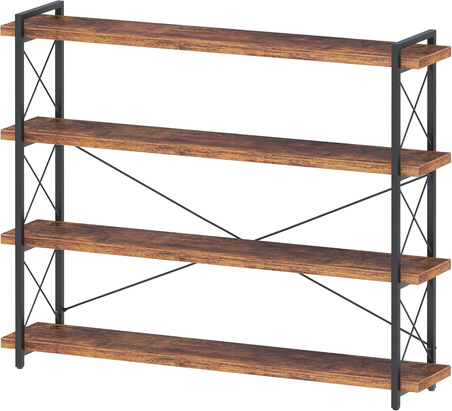 HCHQHS Large Bookshelf, 4-Tier Long Industrial Bookcase, Rustic Brown Book Shelf, Freestanding Horizontal Bookshelves with Metal Frame 4-Tier (56.7"W x 54.2"H) Rustic Brown