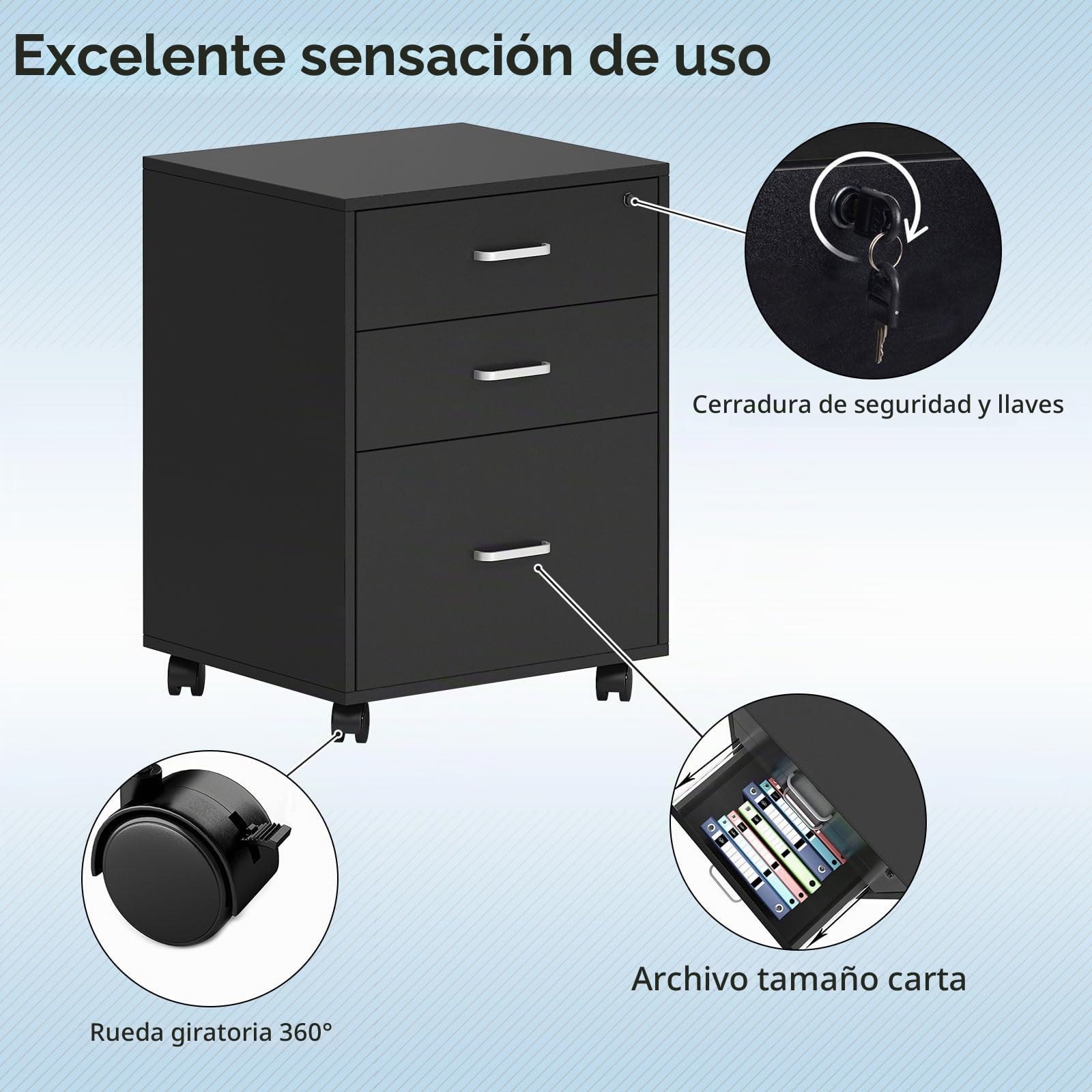 SogesHome Archivador Móvil de Madera con 3 Cajone, Cajonera con Ruedas Armario Cajonera de Oficina con Cerradura