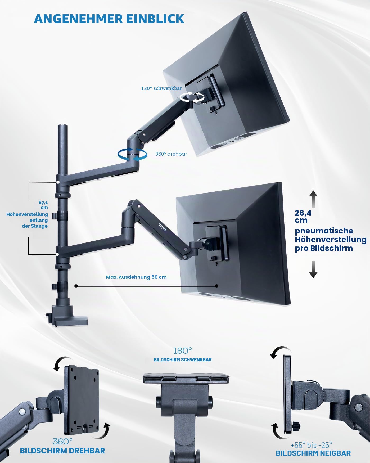VIVO Pneumatischer Arm, Dual-Ultrawide-Monitor, extra hohe Schreibtischhalterung für Bildschirme bis 49 Zoll, robuste Klemme, hält 2 Ultrawide-Bildschirme bis zu 20 kg, Schwarz, STAND-V120K