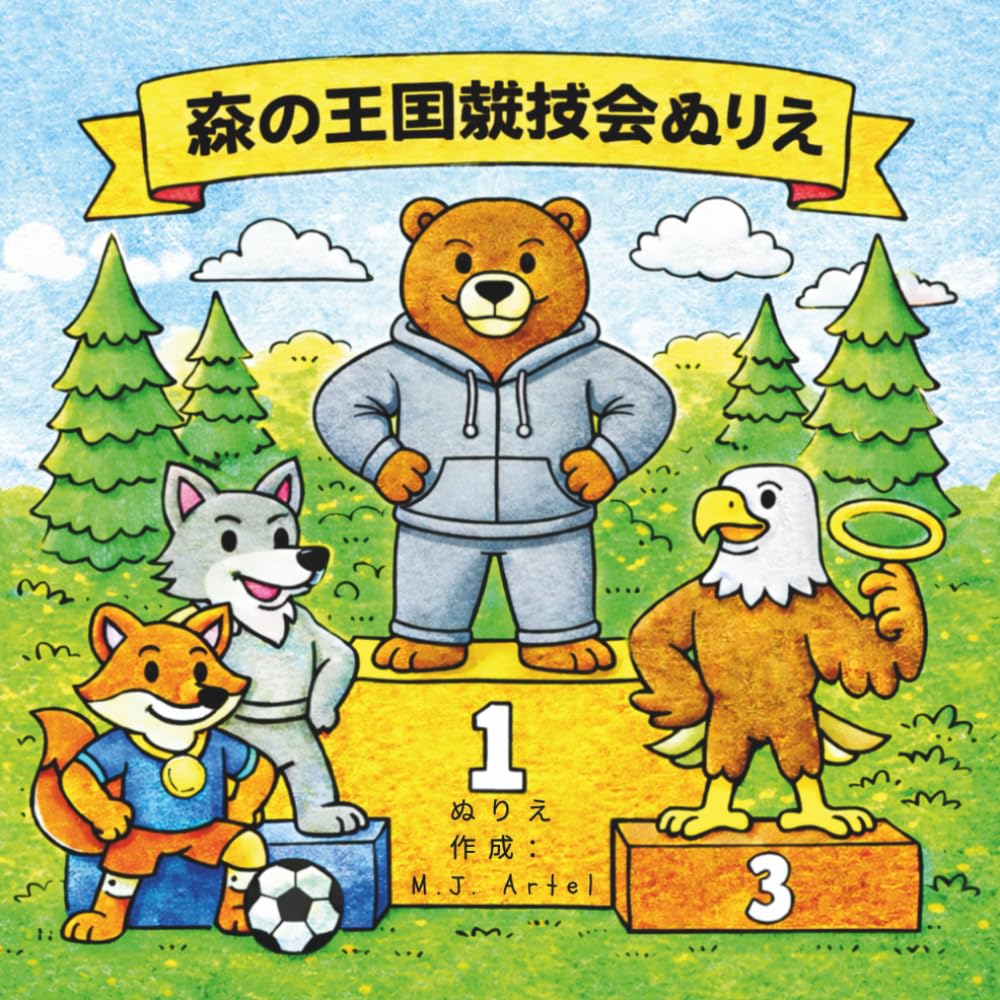 森の王国競技会ぬりえ: 森の動物トーナメント - キツネ、クマ、オオカミ、ワシが競争 | 4歳以上の子どもたちのための35個以上のイラスト1