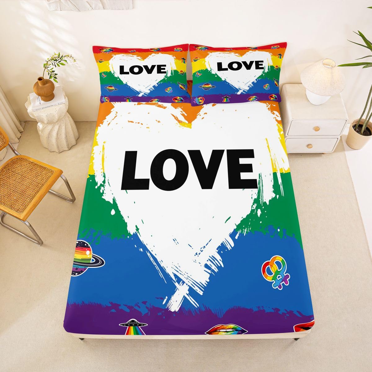 Homewish LGBT zestaw pościeli dumy podwójne geje lesbijki miłość prześcieradła kolorowe geometryczne paski pościel - tęczowe usta planeta prześcieradła zestaw 4 sztuk