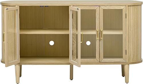 Miniatura 89 de Aparador de armario de almacenamiento curvado con 2 puertas y 2 cajones, mesa consola de entrada de madera de 55 pulgadas con puerta lateral curvada