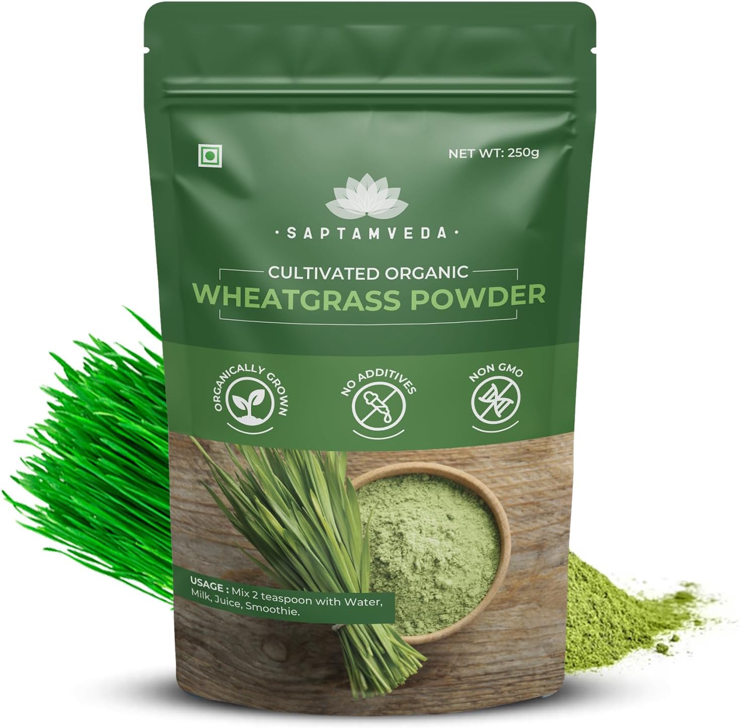 SAPTAMVEDA 100% Organic Wheat Grass Powder 250 Gm Non-GMO, Vegan, Superfood | Antioxidant, Energy, Detox, Immunity Booster, Skin Health| Resealable Bag