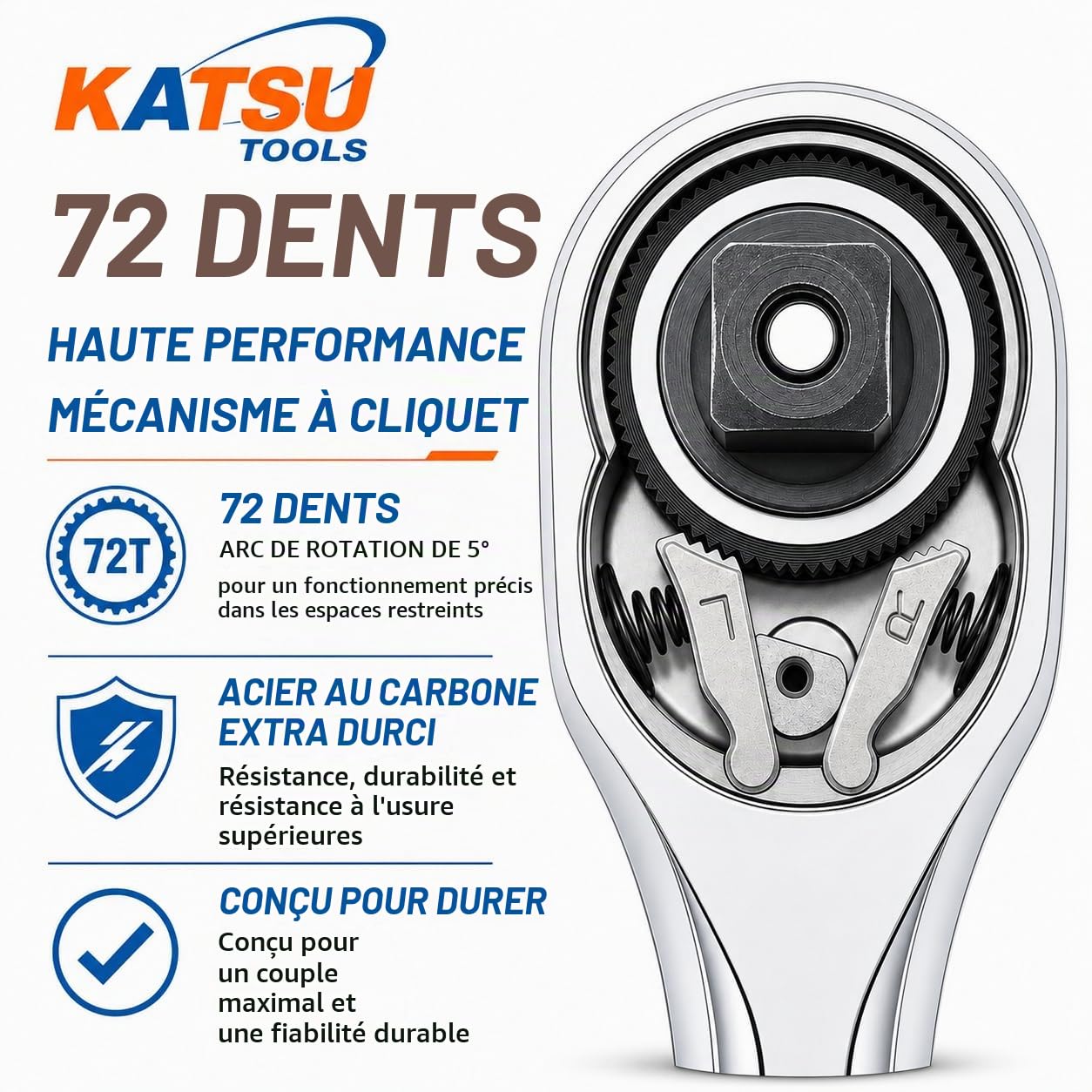 KATSU Jeu de Douilles 1/2" 32 Pièces, Entraînement Métrique 8-32mm Avec Clé à Cliquet à Dégagement Rapide 72 Dents et Barre d'Extension, Outil de Garage de Réparation Automatique 420347