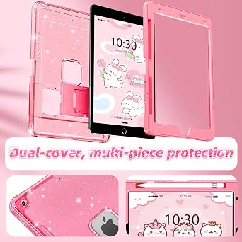 INFILAND Case for iPad 9th/8th/7th Generation 2021/2020/2019 10.2 inch Glitter Clear, Shockproof Protective Cute iPad 7/8/9 Gen Cover with Stand, Pencil Holder for Kids, Girls, Women (Pink)