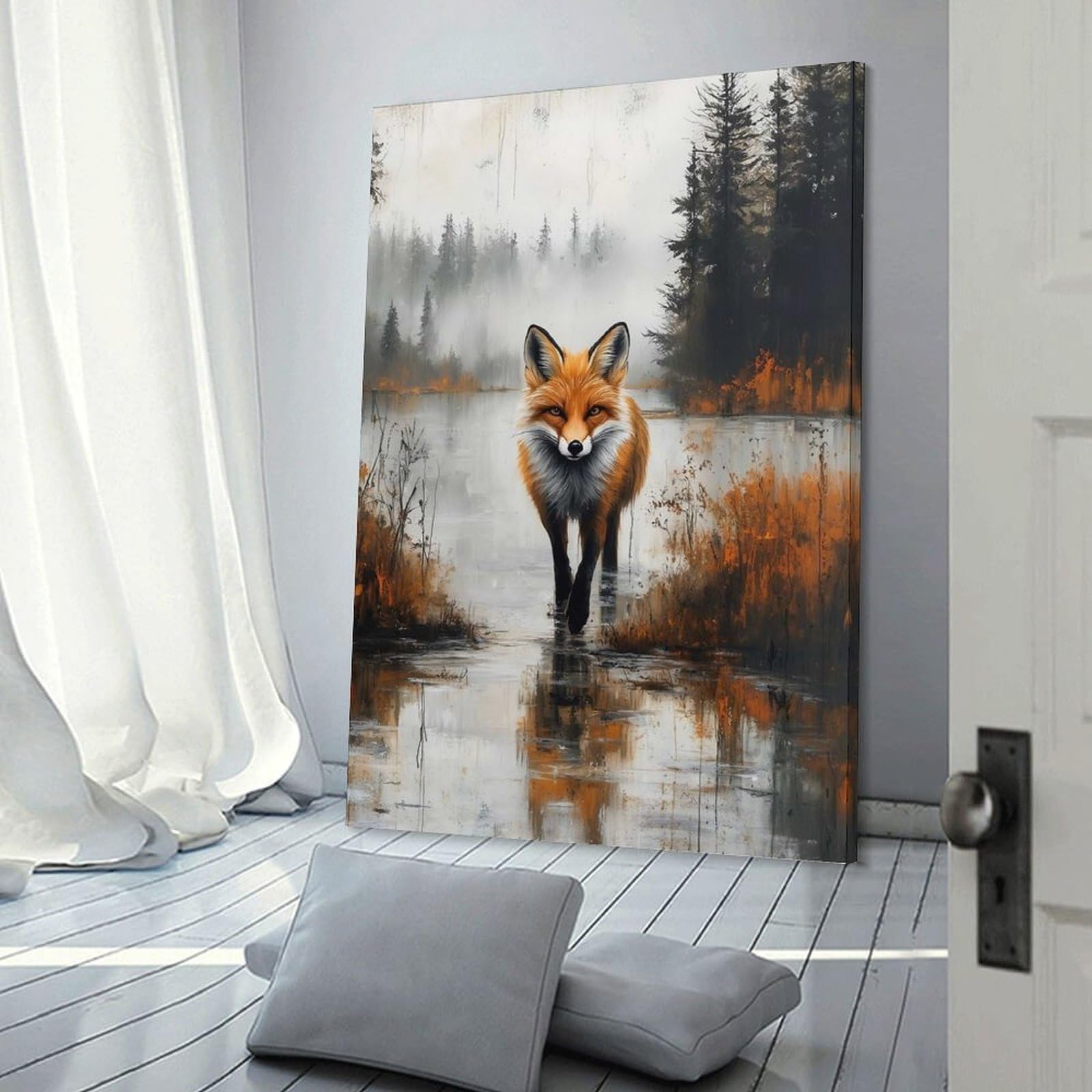 Junmoney Fox in Misty Lake Painting Wall Picture Print 16x24inch(40x60cm), for Lounge Decor, Offices Or Entryway Styling, Versatile Wall Decor for Many Rooms