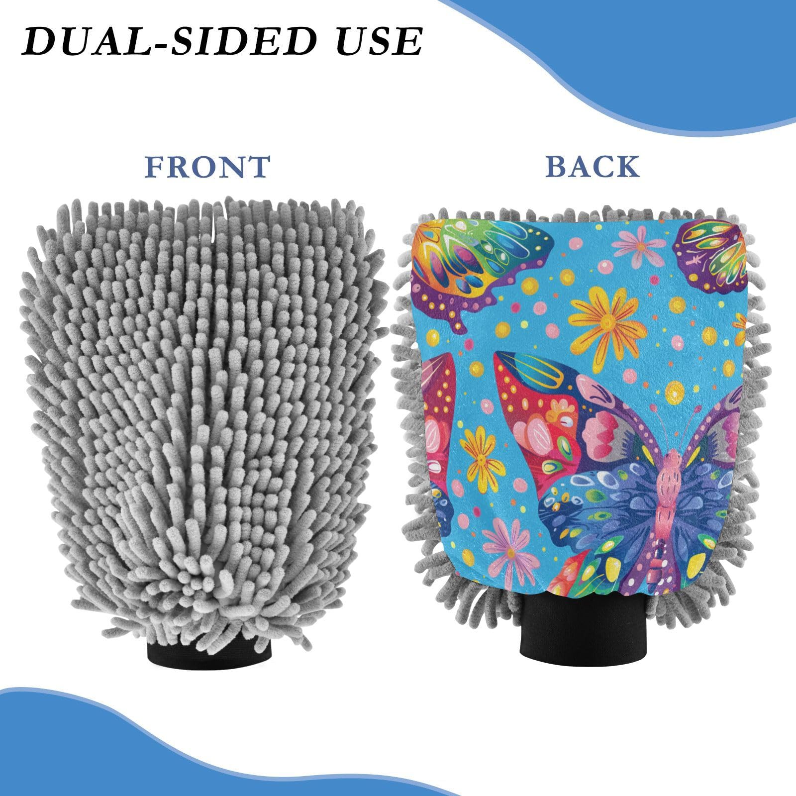ALAZA Rainbow Butterfly Car Wash Mitt Scratch Free, 2 Pack Absorbent Microfiber/Chenille Washing & Drying Mitts, M