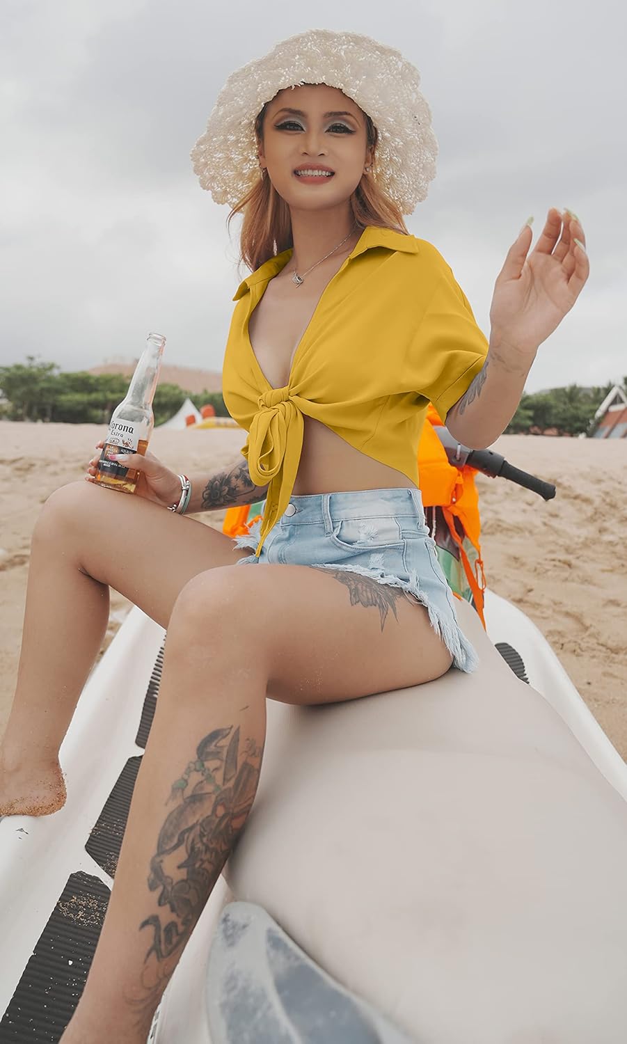 GOBLES Womens Summer Short Sleeve Shirts V Neck Tie Knot Batwing Blouses Tops - Image 2