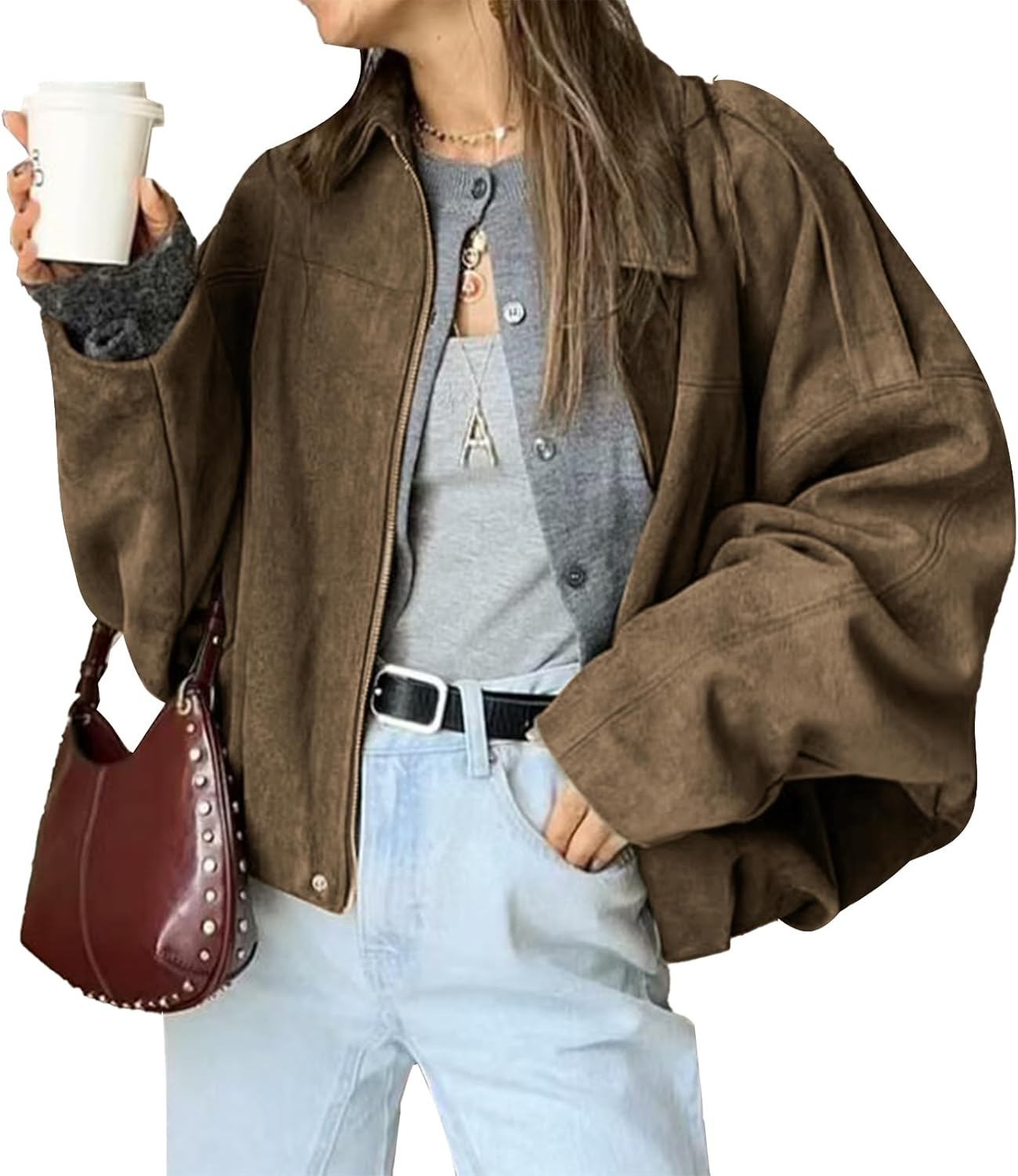 HOTIAN Women's Faux Suede Bomber Jacket Zipper Pilot Coat Casual Lapel Oversized Long Sleeves Y2K Outerwear Coats