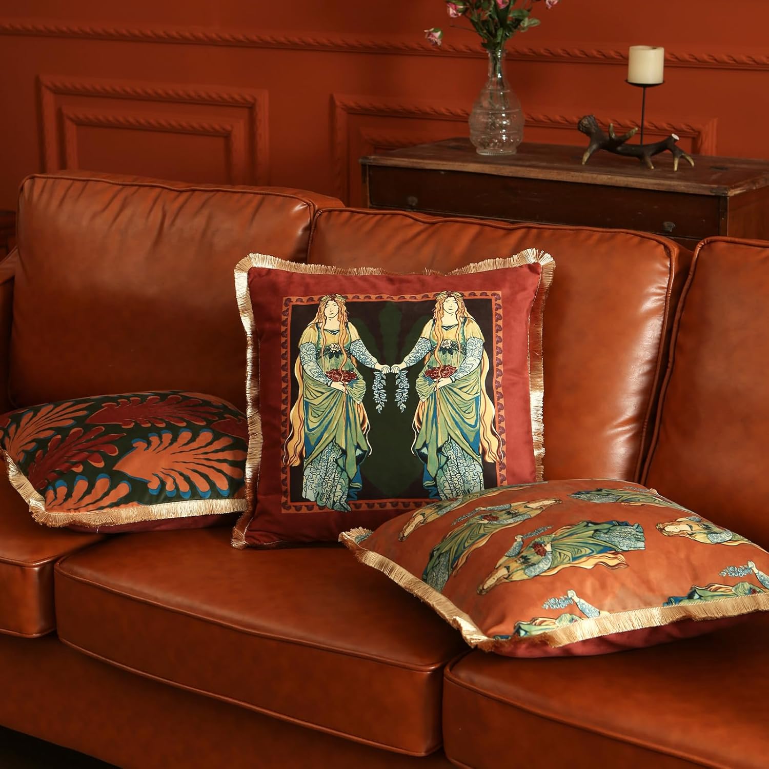 patdrea Designer Vintage Velvet Throw Pillow Covers 18x18 Inch,Ancient Civilization Characters Collection Pattern,Decorative Square Pillowcases Cushion for Bed Living Room Outdoor Car,Pack of 4