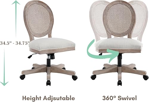 Miniatura 5 de LukeAlon Silla de oficina de lino con respaldo de ratán, silla giratoria de altura ajustable con marco de madera, silla de escritorio sin brazos con