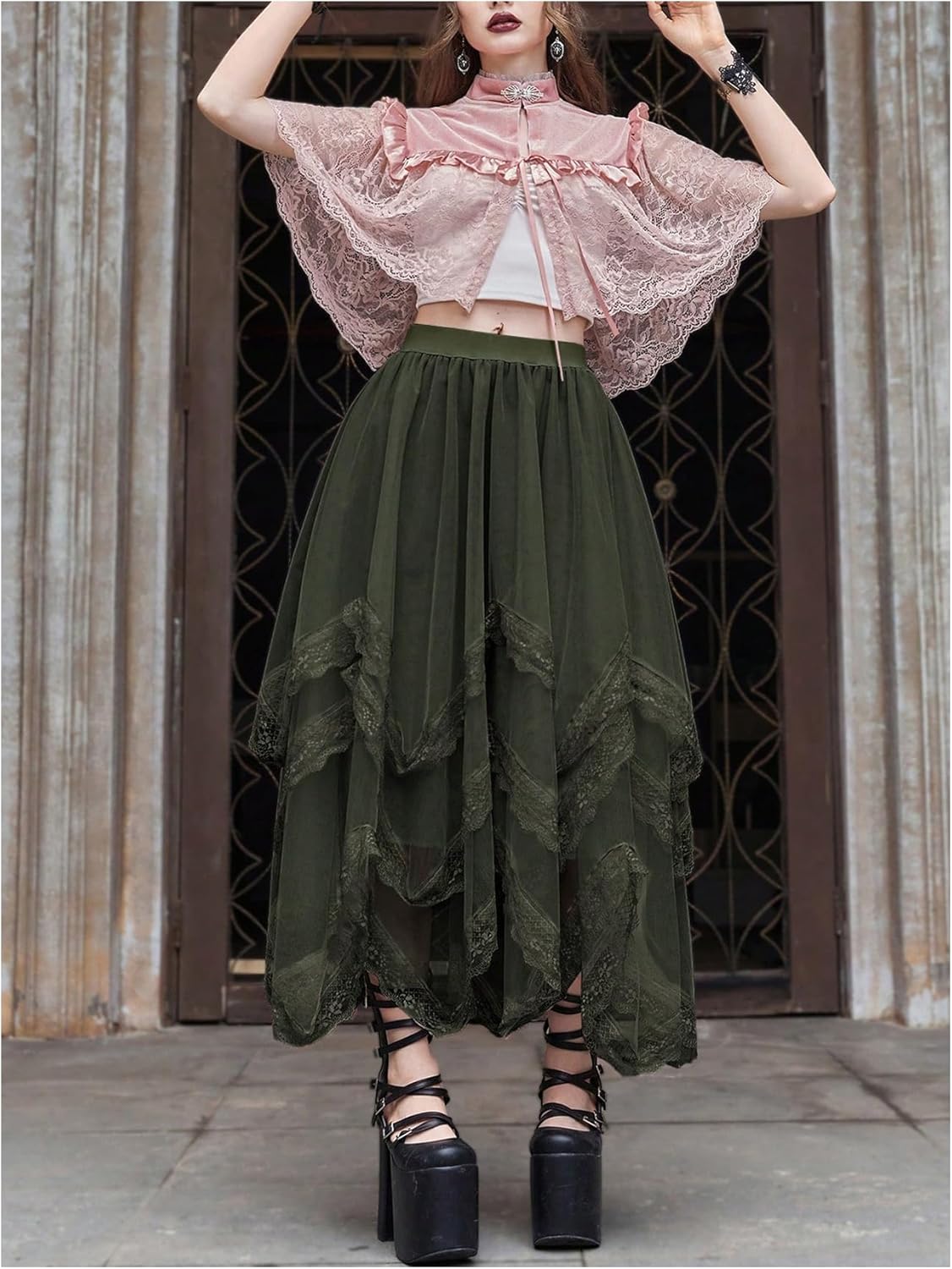 SHENHE Women's Lace Trim Layered Mesh Tulle Skirt High Waist Asymmetrical Long Goth Skirt