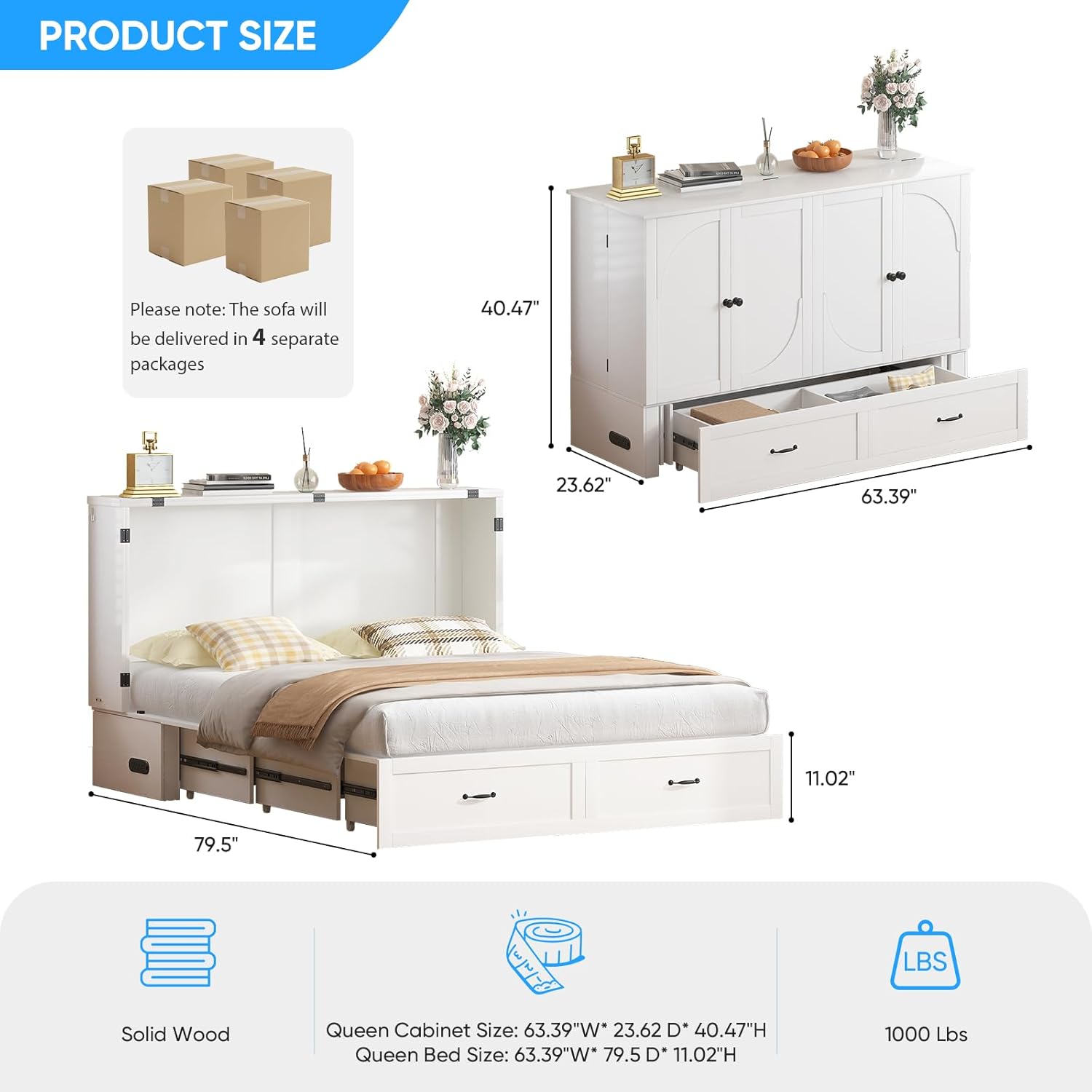 PUREMIND Queen Murphy Bed with Mattress Included, Multi-Functional Hideaway Chest Beds with Storage Drawer, USB Charging Ports, Space Saving Cabinet Bed Wallbed for Guest Room, Small Space