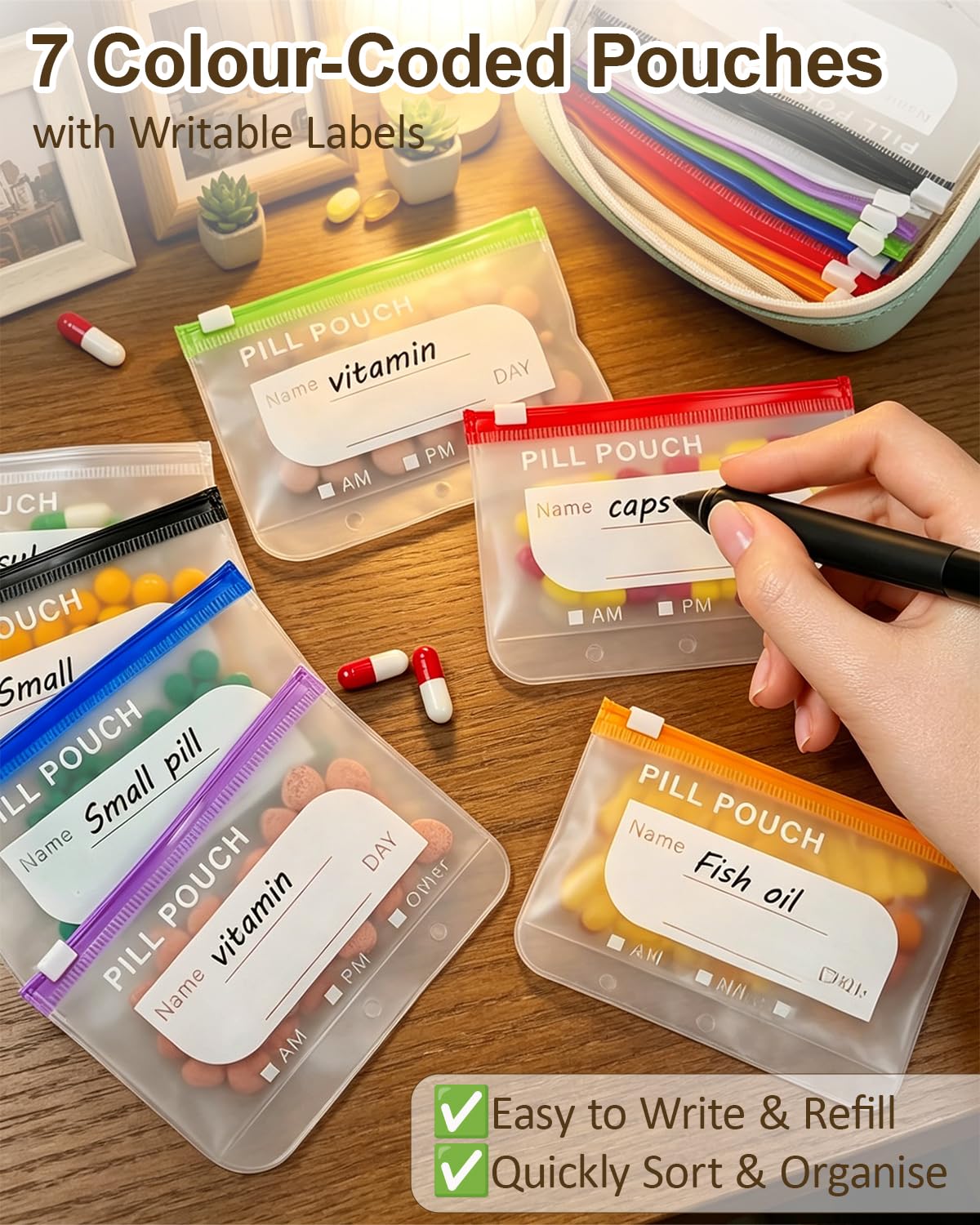 A8 Pilulier Organiseur Imperméable, 14 Pochettes à Médicaments avec Code Couleur, Trousse à Pharmacie Pratique et Réutilisable pour Usage Quotidien et Voyage (Vert)