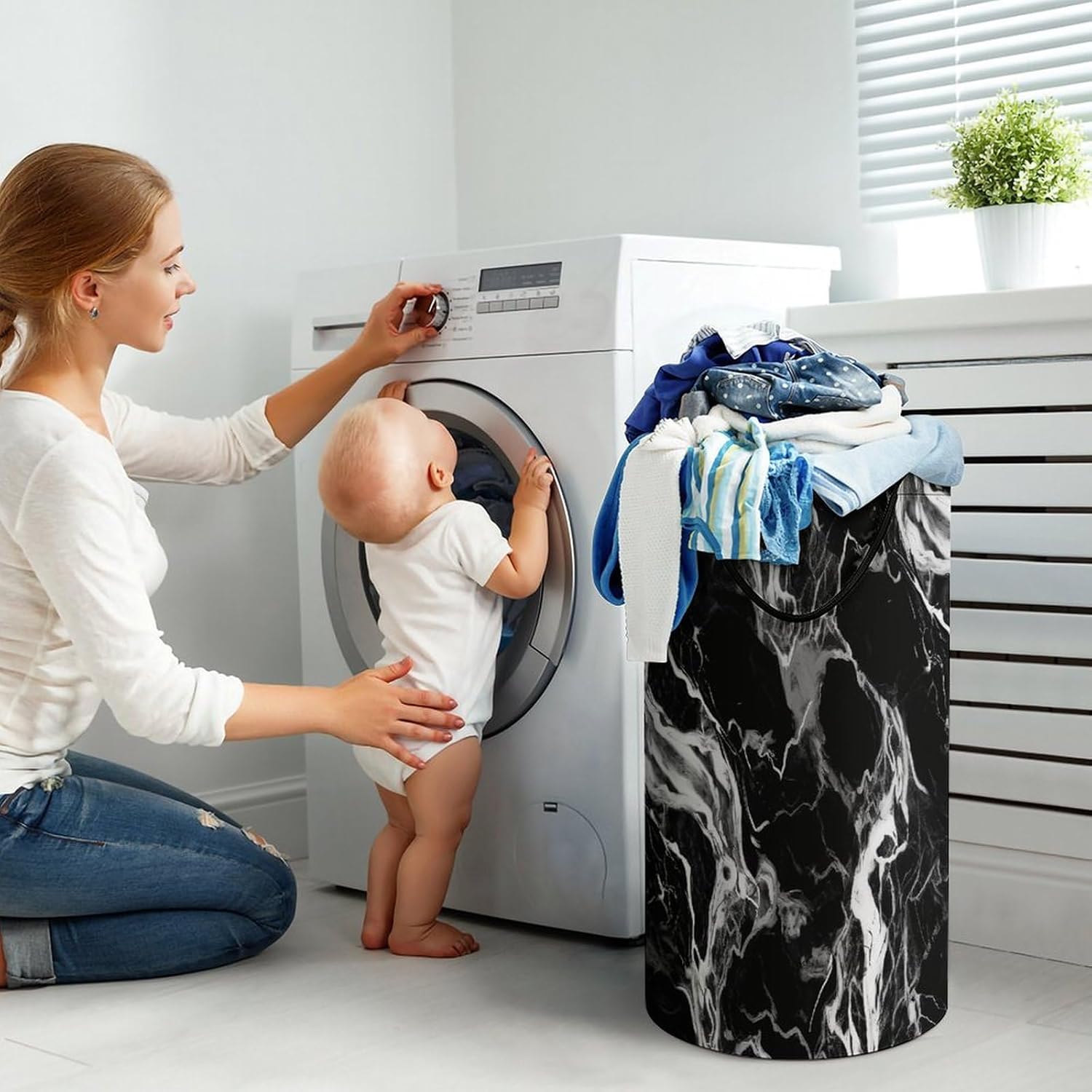 Black And White Marble Laundry Hamper 86L Waterproof Collapsible Clothes Basket with Double Handles Freestanding Foldable Laundry Basket Large Clothes Hamper for Bathroom