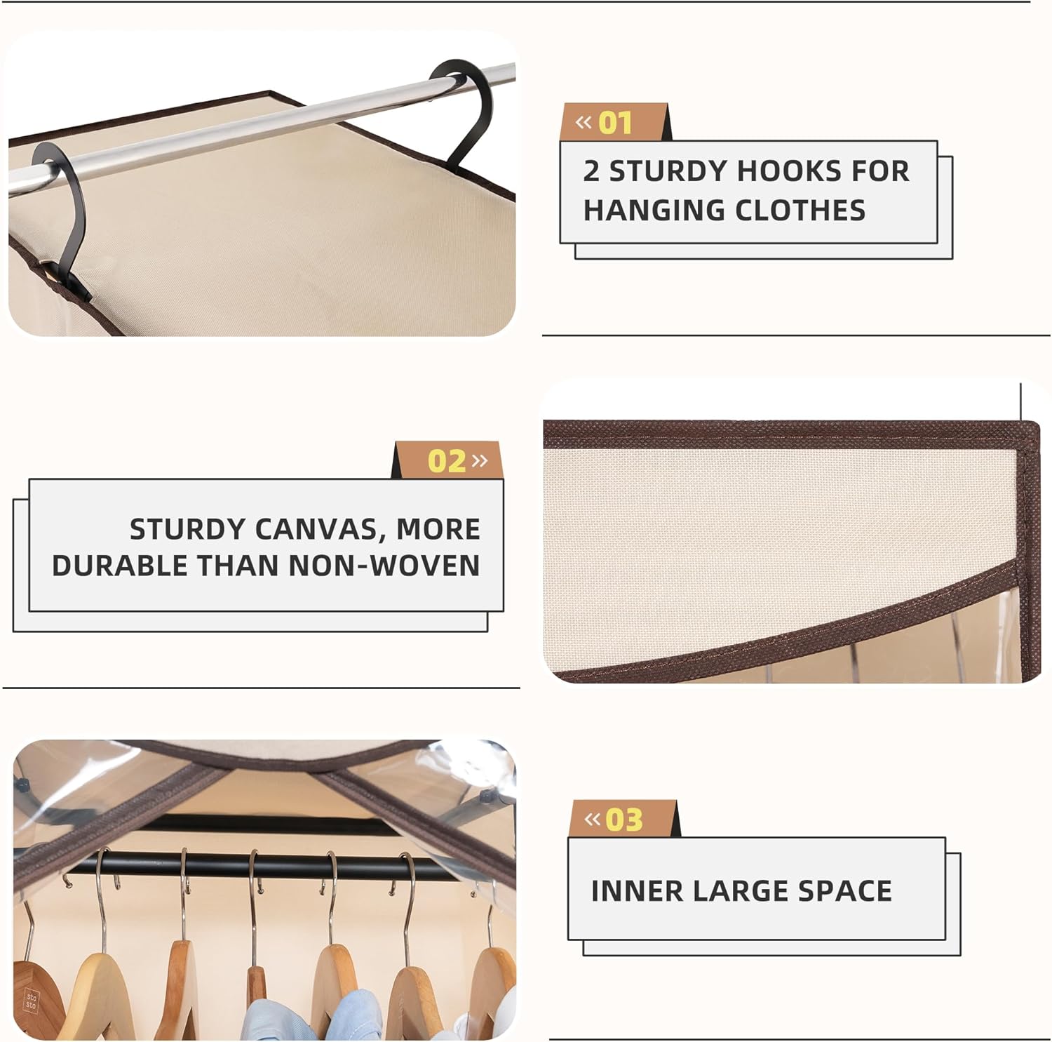 STORAGE MANIAC 2-Pack Hanging Garment Bag Zipper Cover with Sealed Clear Window, Long Garment Cover for Closet Storage Wardrobe Clothes Protector, Large Garment Storage Bag for Dresses,Suits, Beige - Image 5