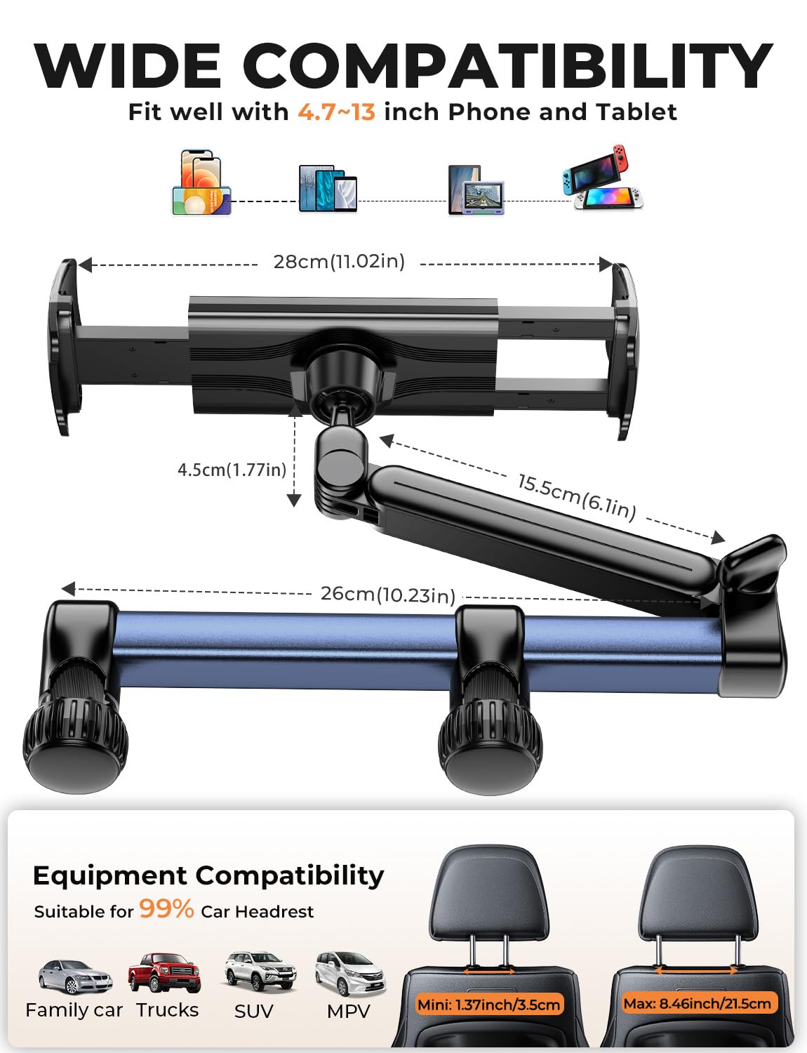 TRYONE Support Tablette Voiture appuie-tête – Bras Long 46 cm, 3-en-1 pour iPad, Switch, Smartphones 4,7–16,1", idéal Enfant & Voyage | Bras ultra-long 46 cm à triple axe pour placer la tablette au centre du siège arrière.