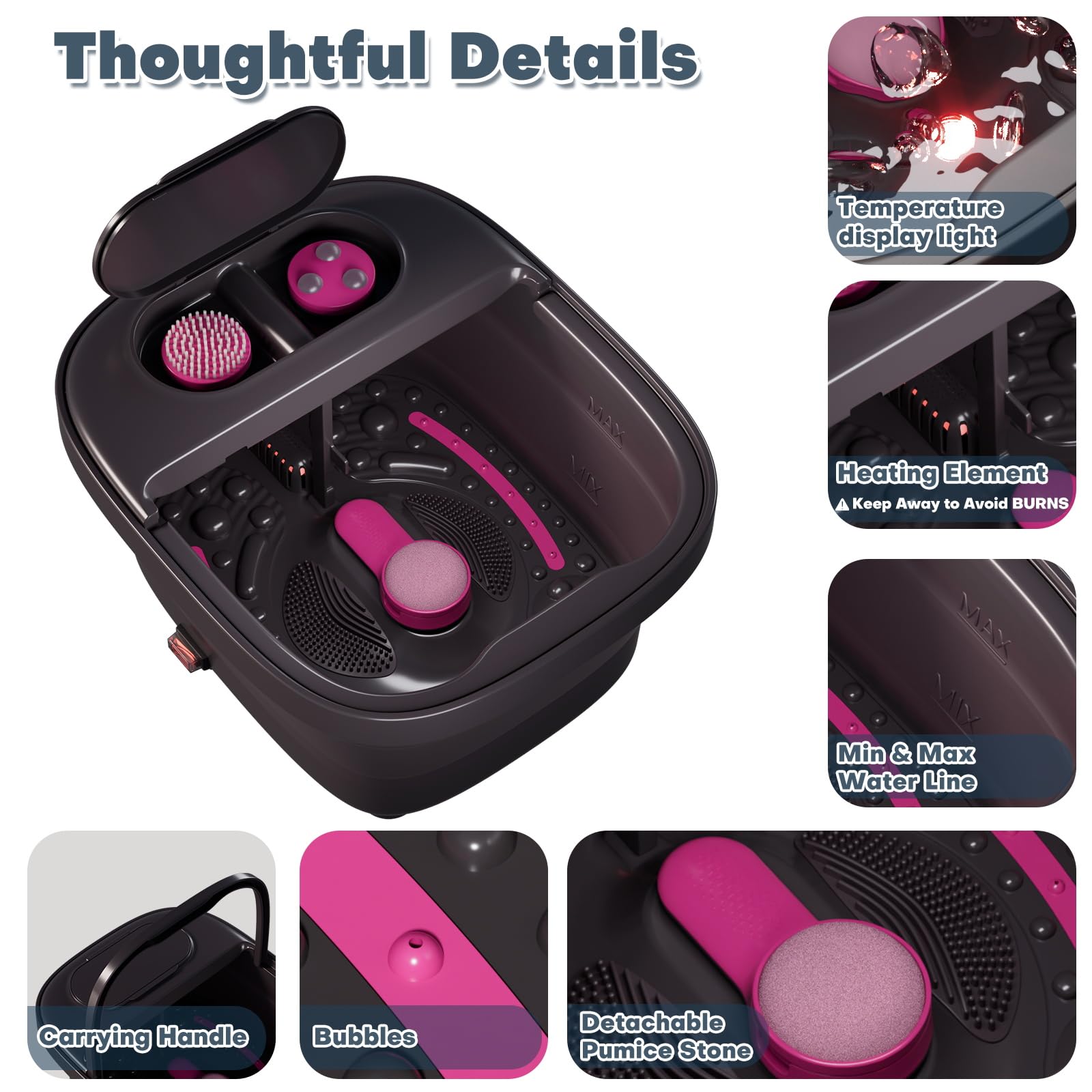 Masajeador de baño plegable para pies con calor, control remoto, control de temperatura, temporizador, bañera de remojo de pies con kit de pedicura, spa de pies de pedicura con aceite de