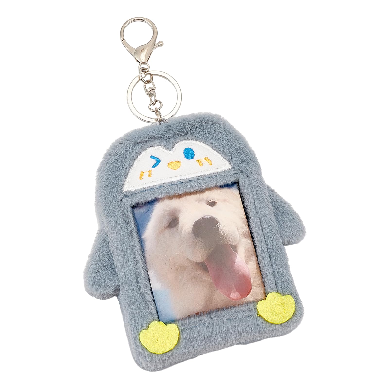 NICENEEDED Cartoon Plush Photocard Holder, Kawaii Blue Penguin Card Cover with Keychain
