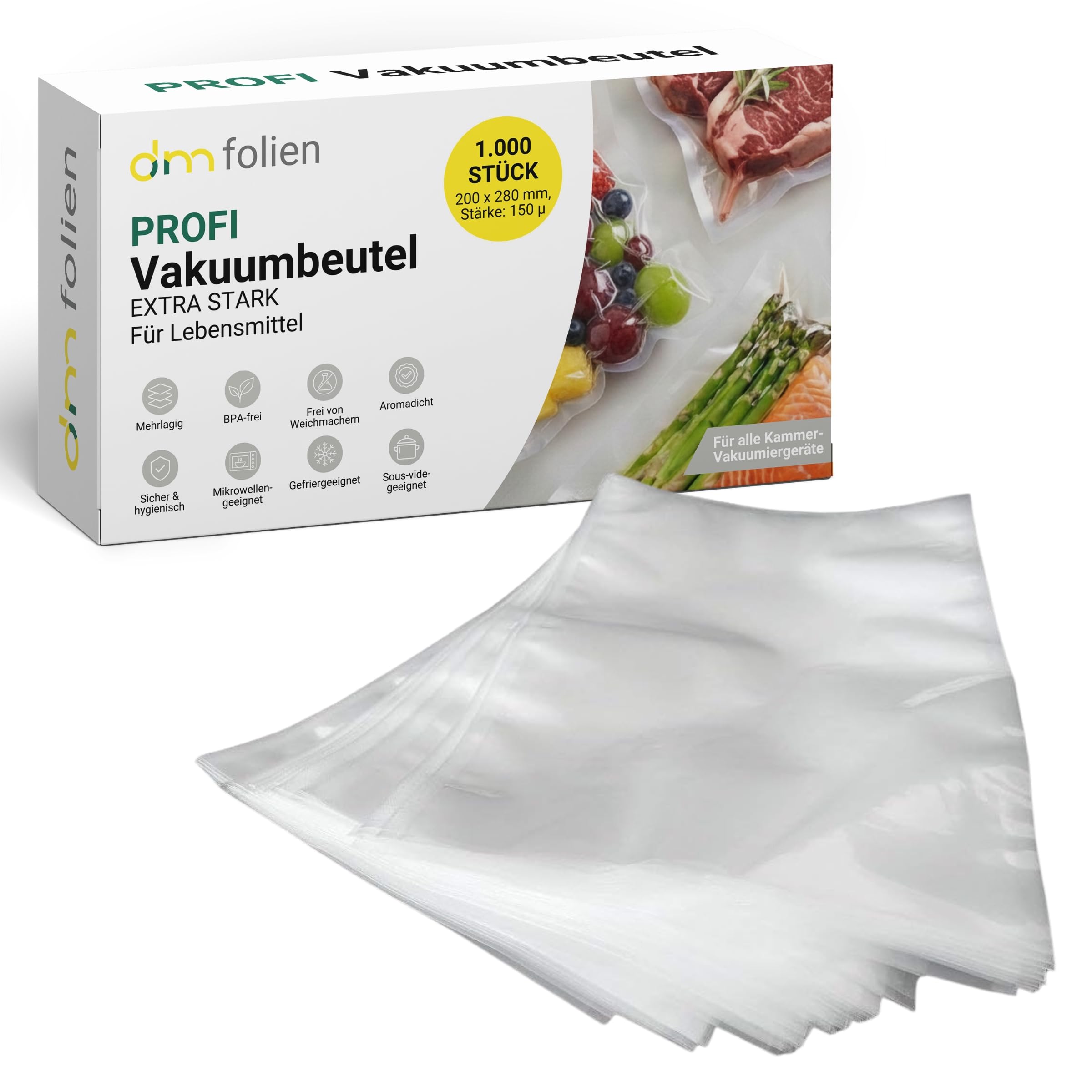 dm-Folien PROFI Vakuumbeutel 1000 Stück I 200 x 280 mm I Glatte, extra starke Beutel für Kammer-Vakuumiergerät I Stärke 150 µ I Lebensmittelkonform, mikrowellen- & kochgeeignet