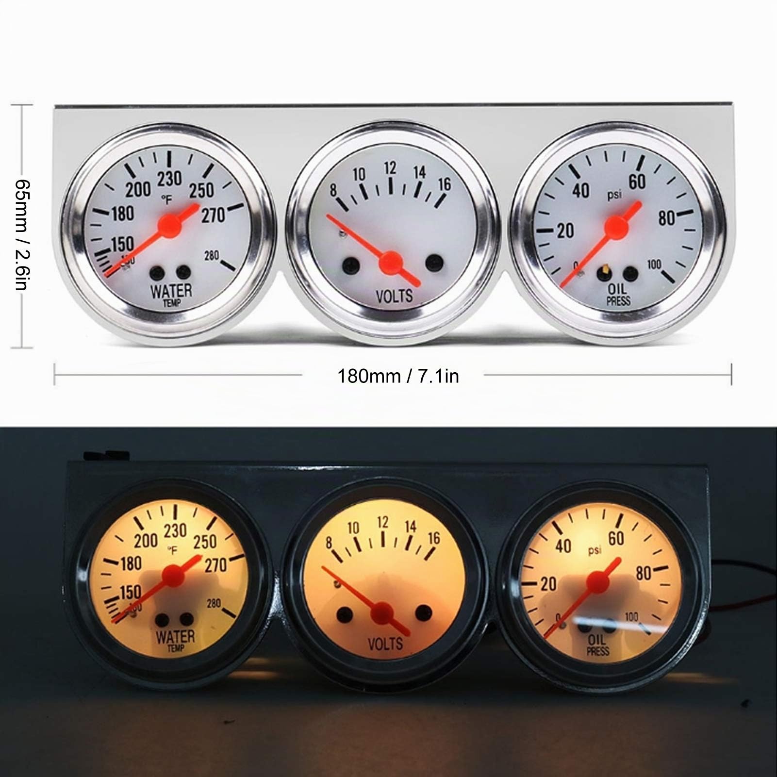 Auto-Triple-Anzeigen-Set, Universal 3 in 1 52 Mm 12 V Mechanisches Instrument Wassertemperaturanzeige + Öldruckanzeige + Voltmeter