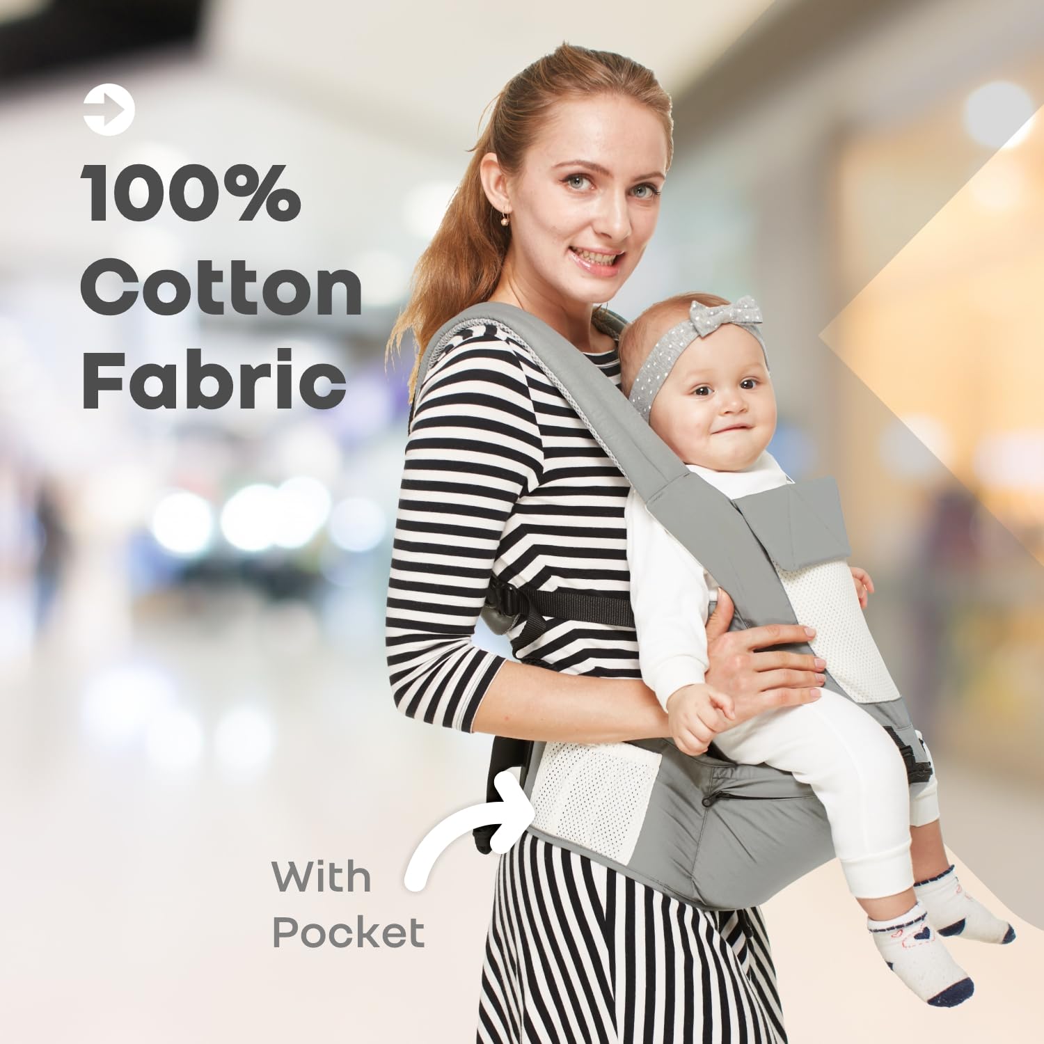 R for Rabbit Upsy Daisy Baby Carrier Cum Kangaroo Bag, Adjustable Hip Seat Belt, Stylish, Carrier with 4 in 1 Carry Position for 3 to 24 Months Kids, Max Weight up to 15 Kg (Grey Cream) - Image 7 thumbnail