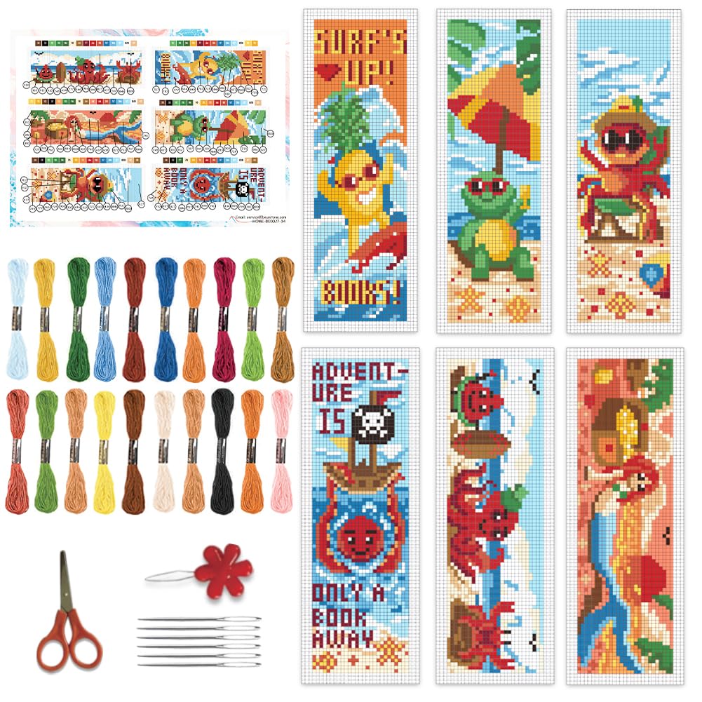 BEUNITONE 6 Pcs Cute Animals Cross Stitch Bookmark Kit for Beginner Adults DIY Beach Stamped Embroidery Bookmark Kits with Instruction for Starters Printed Cross Stitch Kits for Book Lover 8''x2.4''