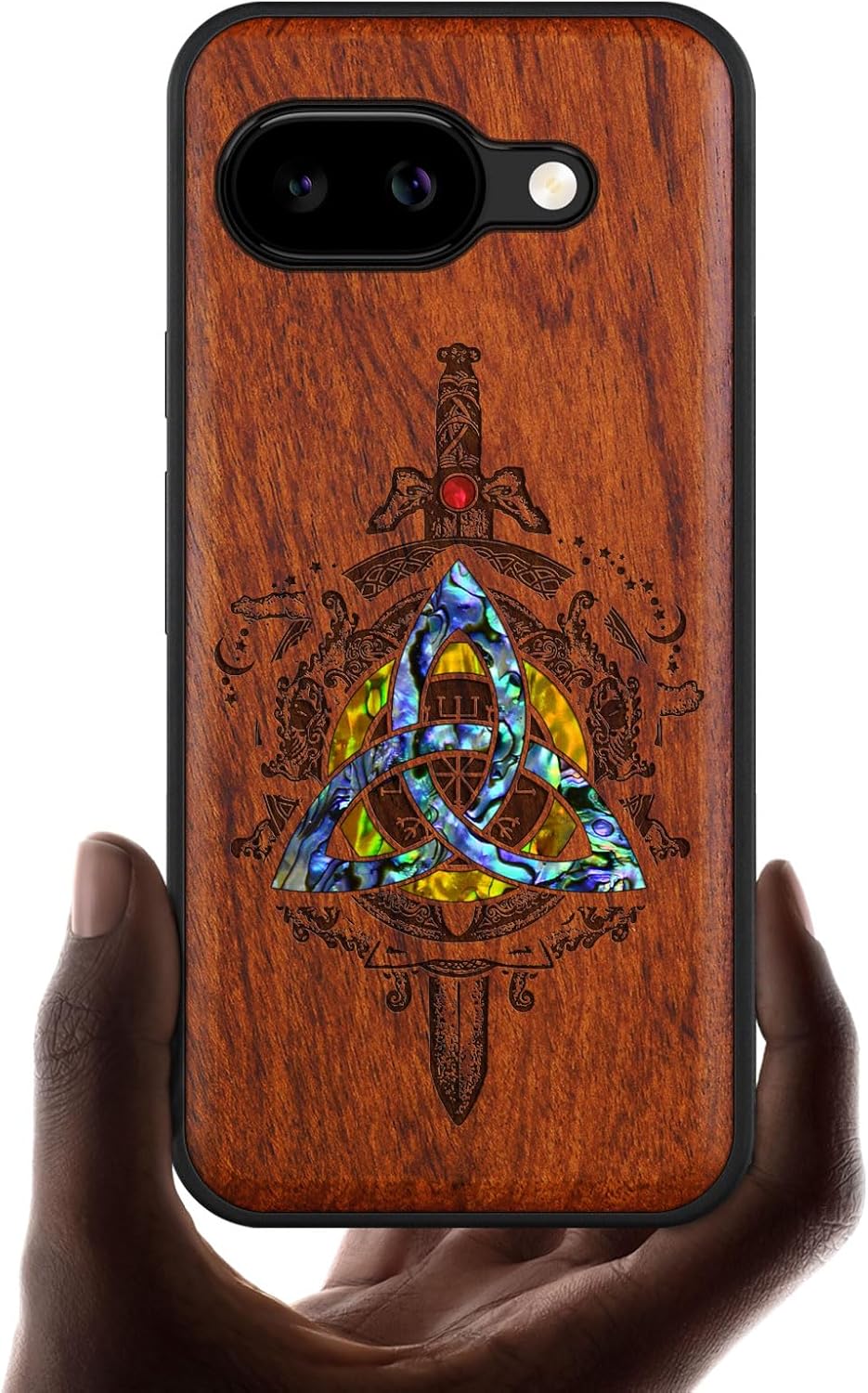 Carveit Magnetic Wooden Case for Google Pixel 9a Case, Wood Artisan Engraved & Handmade Shell Inlaid, Compatible with MagSafe Wireless Chargers (Norse Emblems) Rosy