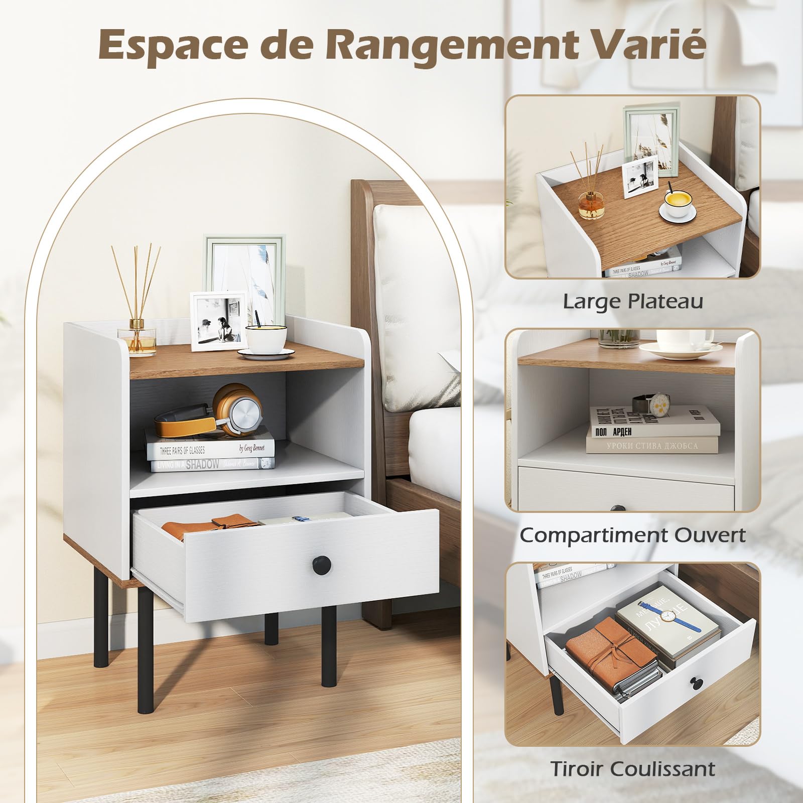 COSTWAY Table de Chevet, Table de Nuit avec Tiroir, Étagère de Rangement Ouverte, Pieds en Métal, Bout de Canapé, Chevet de Lit Moderne pour Salon, Chambre, Petits Espaces, Blanc