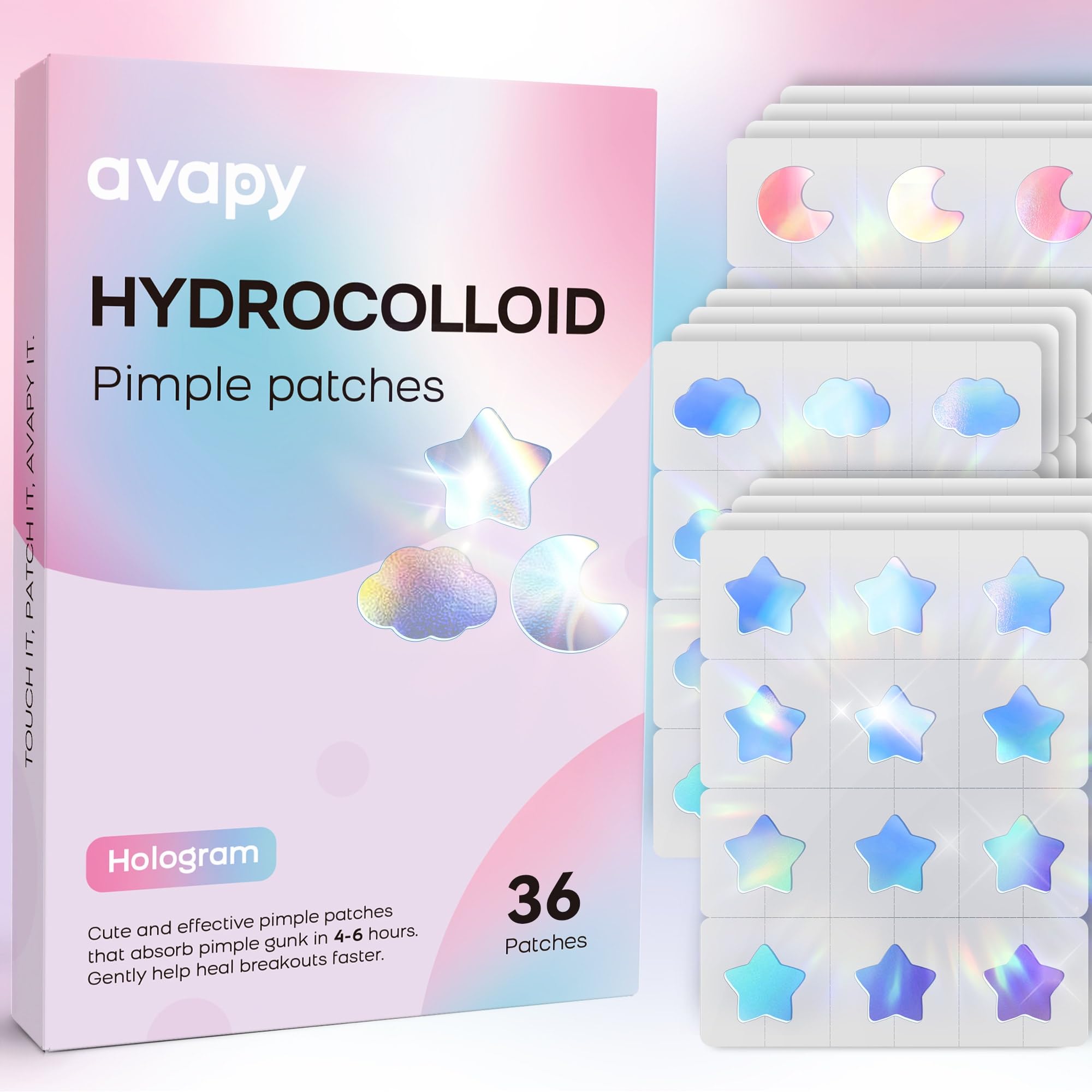 AVAPY Pimple Patches for Face, Cute Hydrocolloid Acne Patches, Colorful Hologram Star Sport Stickers, Zits & Blemish, Pimple Patch with Salicylic Acid, Blue Pink Star Moon Cloud 12MM (36 Count)