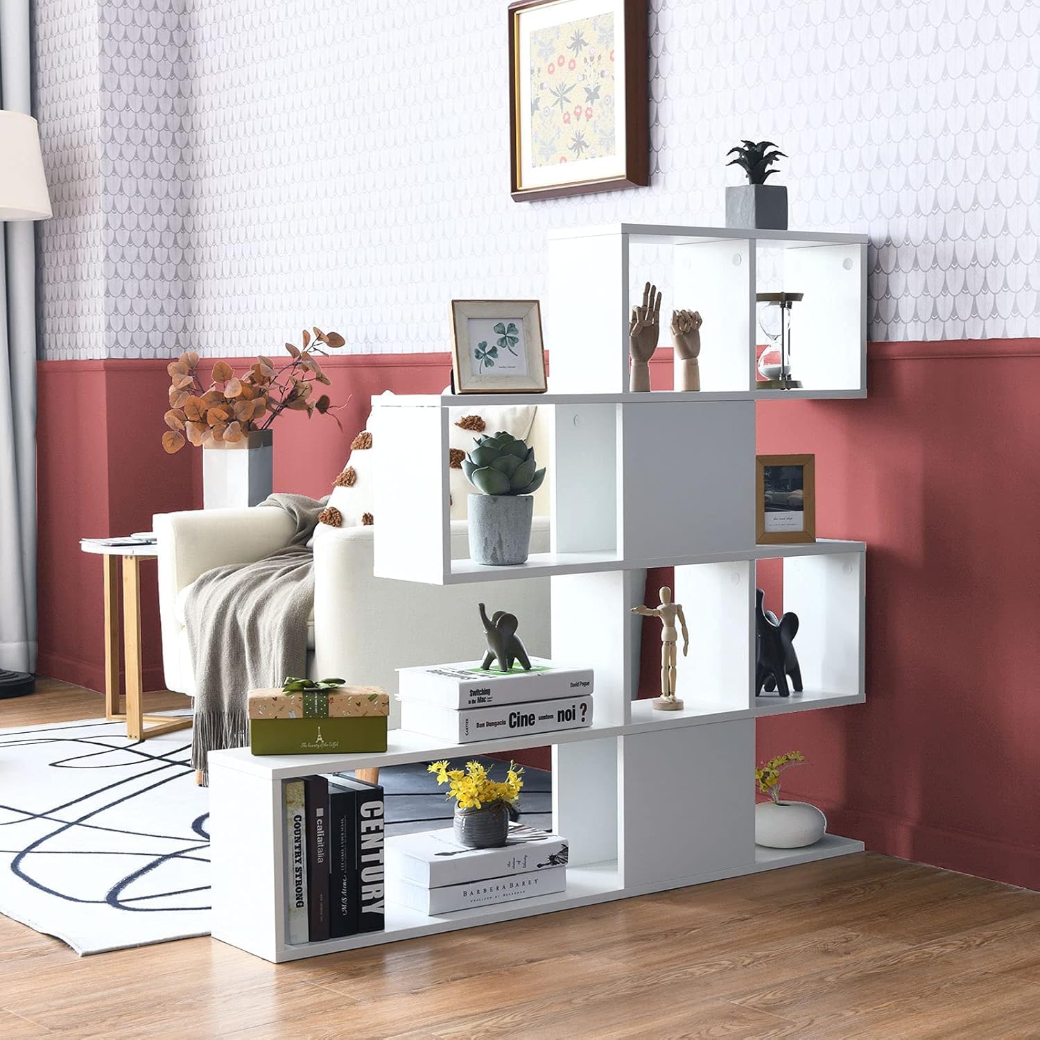 FANTASK 4-stöckiges Bücherregal, Raumteiler Regal aus Holz, freistehendes Treppenregal (Weiß)