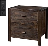 Karlhome Farmhouse 3-Drawer Nightstand with Charging Station, Solid Pine Wood Legs, 2 USB Ports & 2 Outlets, Bedroom End Table, Brown