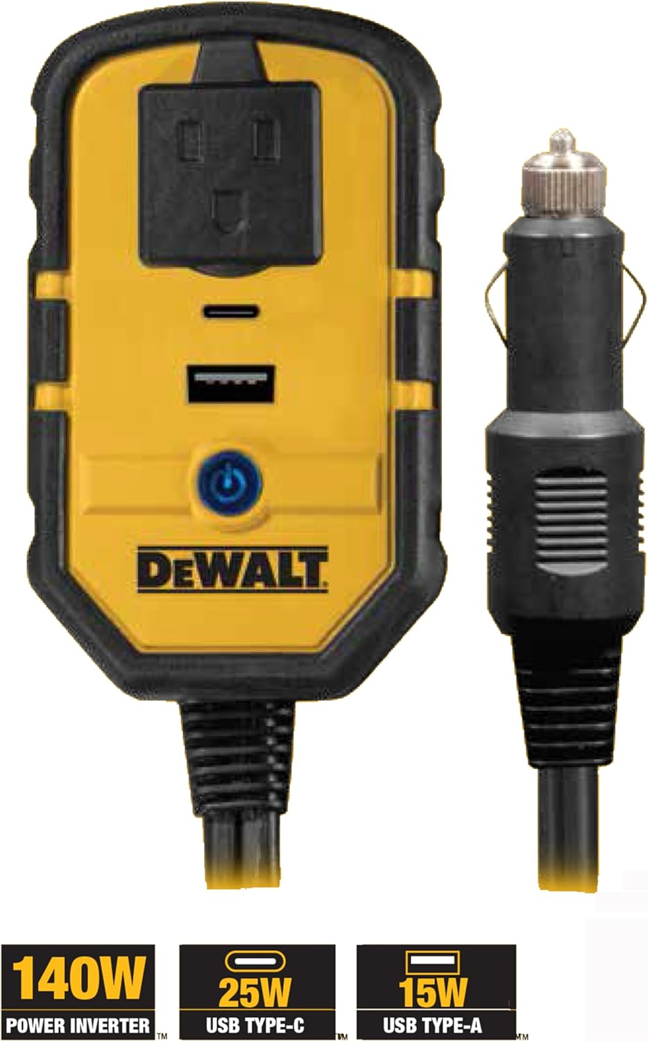 DEWALT DXAEPI140 Power Inverter 140W Car Converter: 12V DC to 120V AC Power Outlet with 25W USB Type C and 15W USB Type A Ports