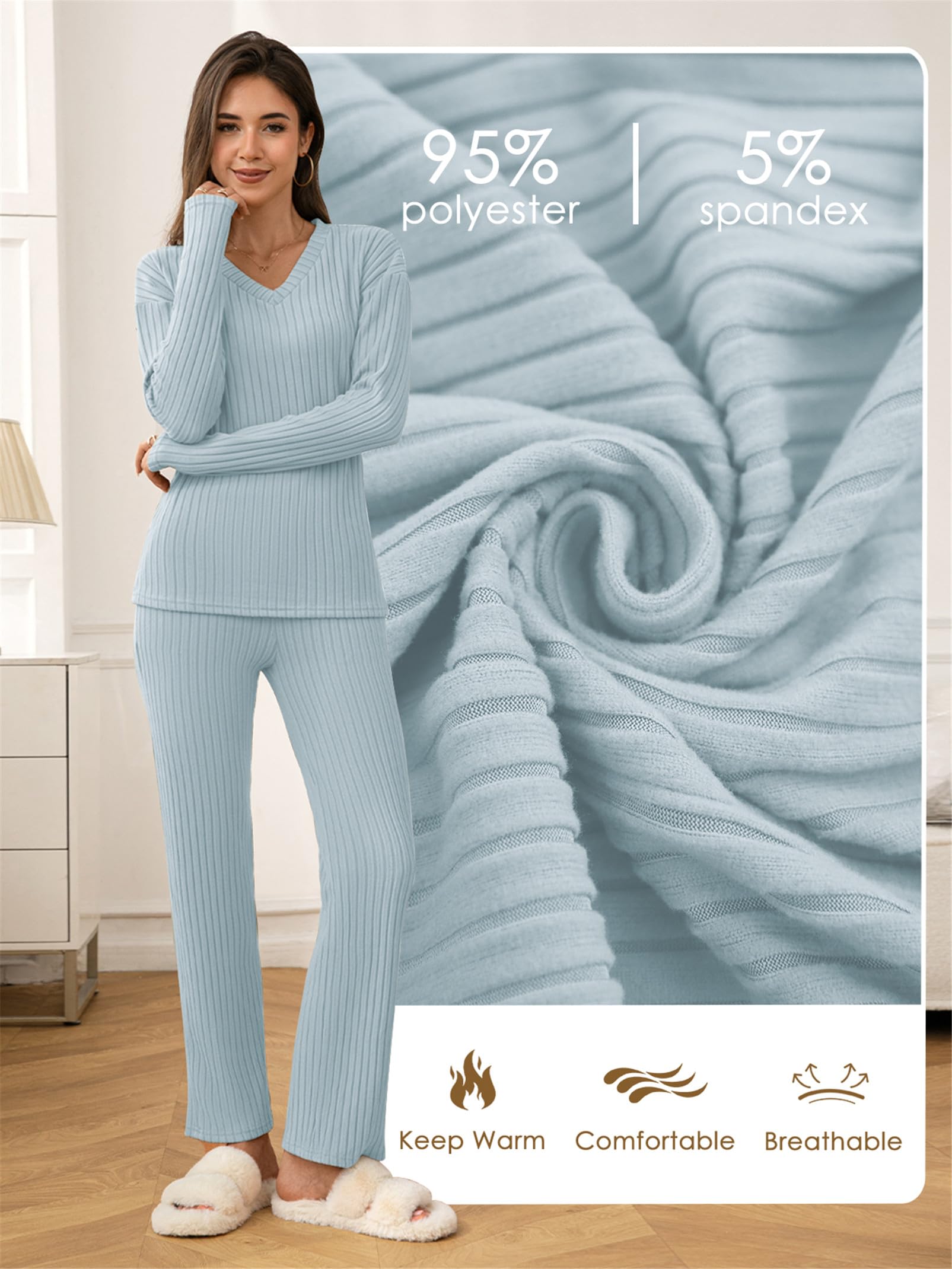 Pigiama Donna 2 Pezzi Canelé Maglia Maniche Lunghe Pantaloni Larghi Tasche | Completo pigiama donna in tessuto canelé morbido e caldo ideale per casa e relax in inverno.