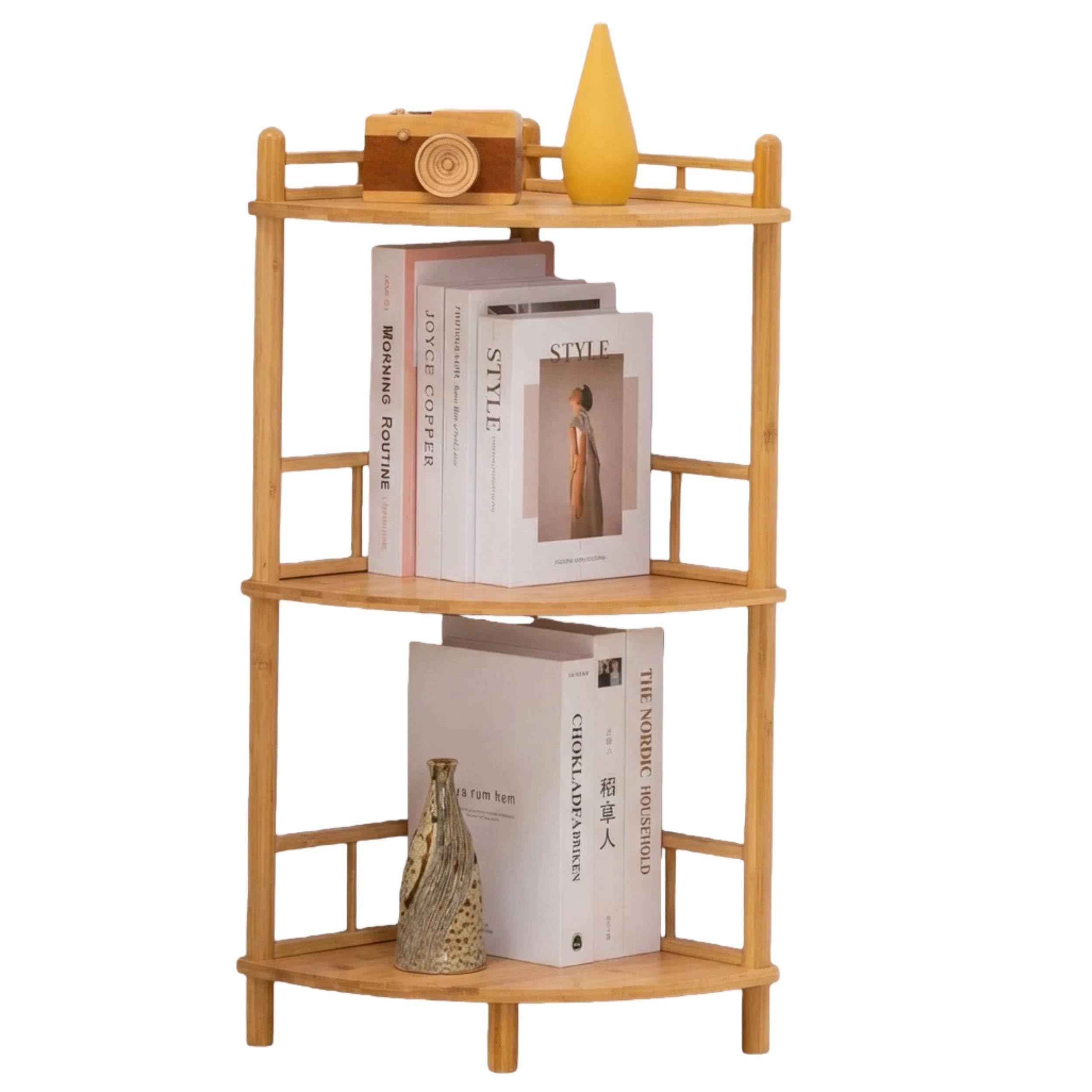 3-Tier Expandable Bamboo Corner Shelf Stand,Corner Bookshelf, Display Storage Shelves with Open Shelves, for Organization and Storage, Living Room,