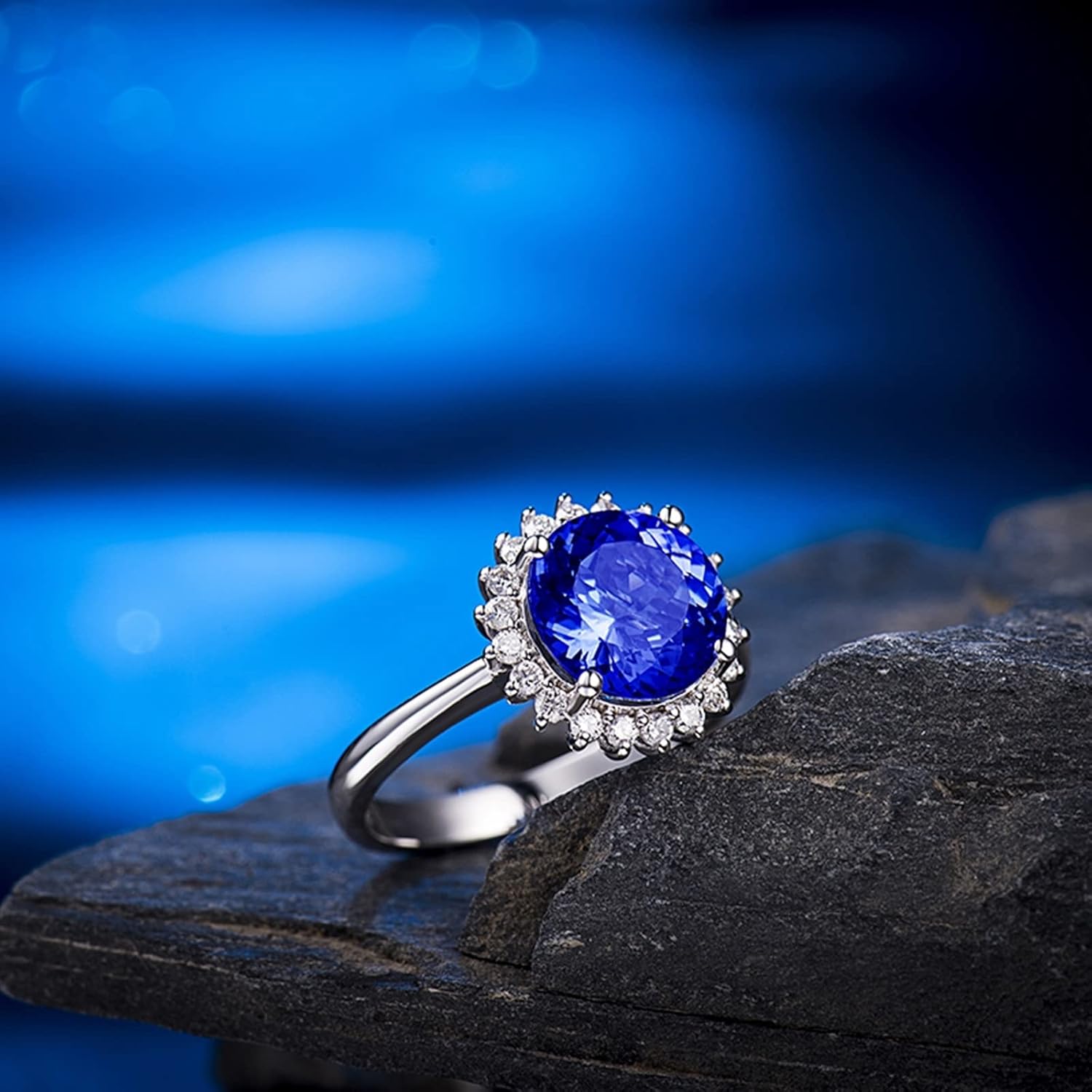 Engagement Ring 18K White Gold, Big Wedding Ring Classic Round Flower Rings Promise Gifts for Women
