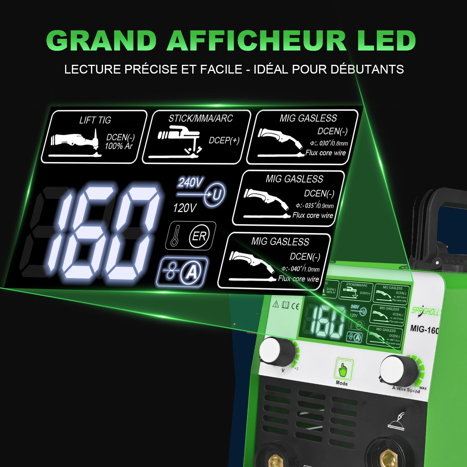 MIG160 Poste à Souder Inverter IGBT 160A 230V, 3 en 1 MIG Sans Gaz (FLUX MIG) / MMA/Lift TIG, Grand Écran LED, Léger et Portable - Idéal Débutants et DIY