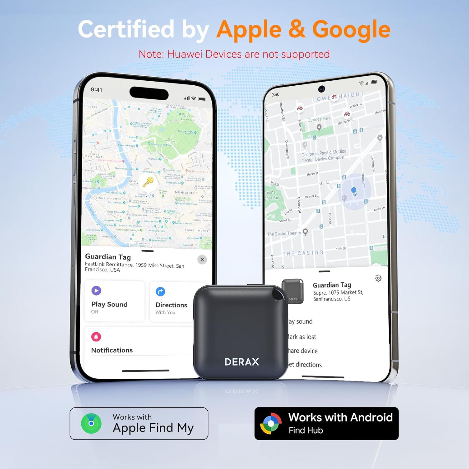 DERAX Bluetooth Tracker 4 Pack - USB-C Rechargeable Tracker Tag Compatible with Find My Device, Works with iOS and Android, Anti Lost Item Finder for Keys Wallet Luggage Backpack, Black & White