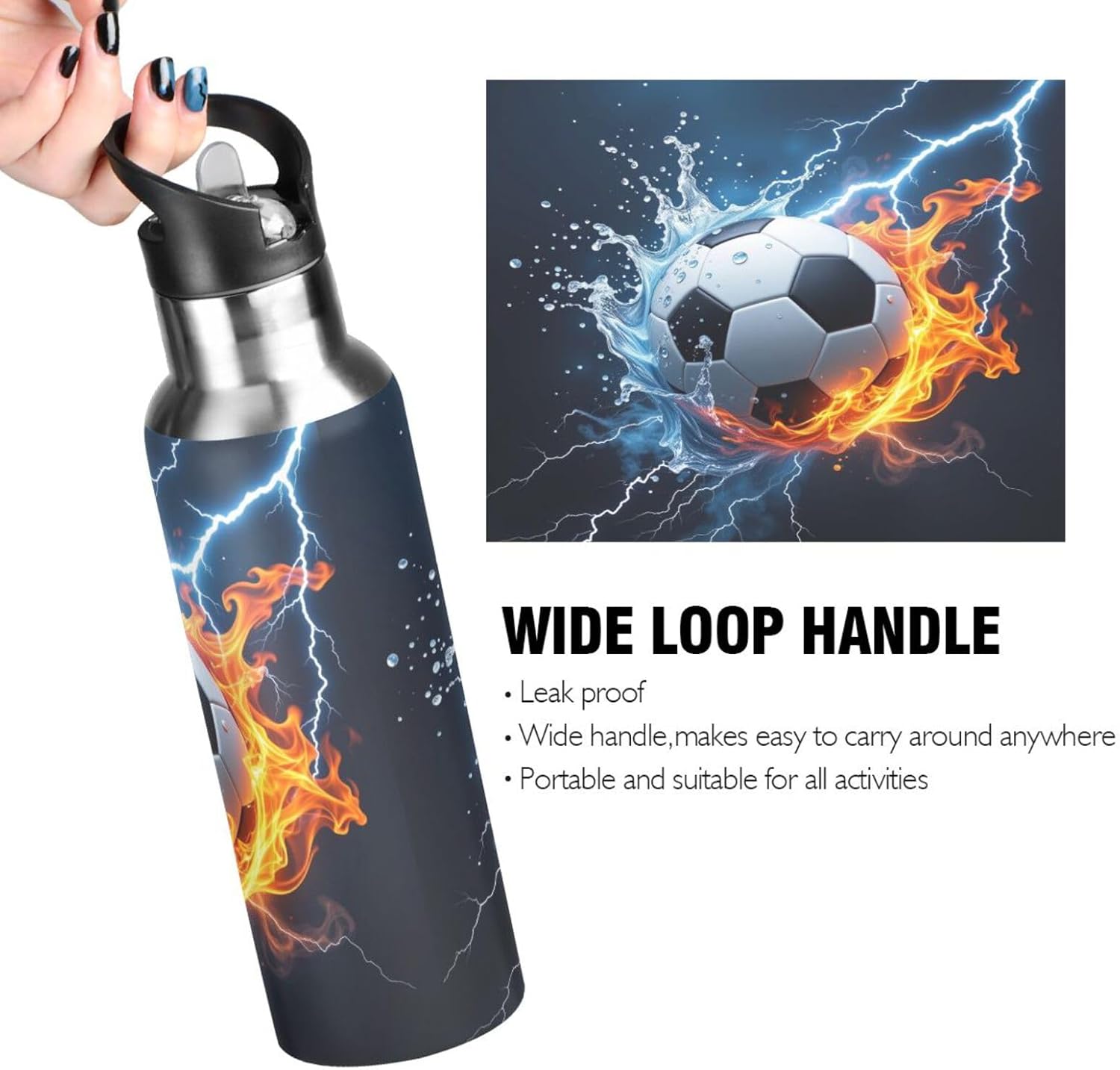 Kcldeci Soccer Ball in Fire and Water Sports Water Bottle 20 Oz Straw Lid Leak Proof Vacuum Insulated Stainless Steel Water Bottles Hot Cold Double Walled Thermo Mug Tumbler Travel Cup - Image 4