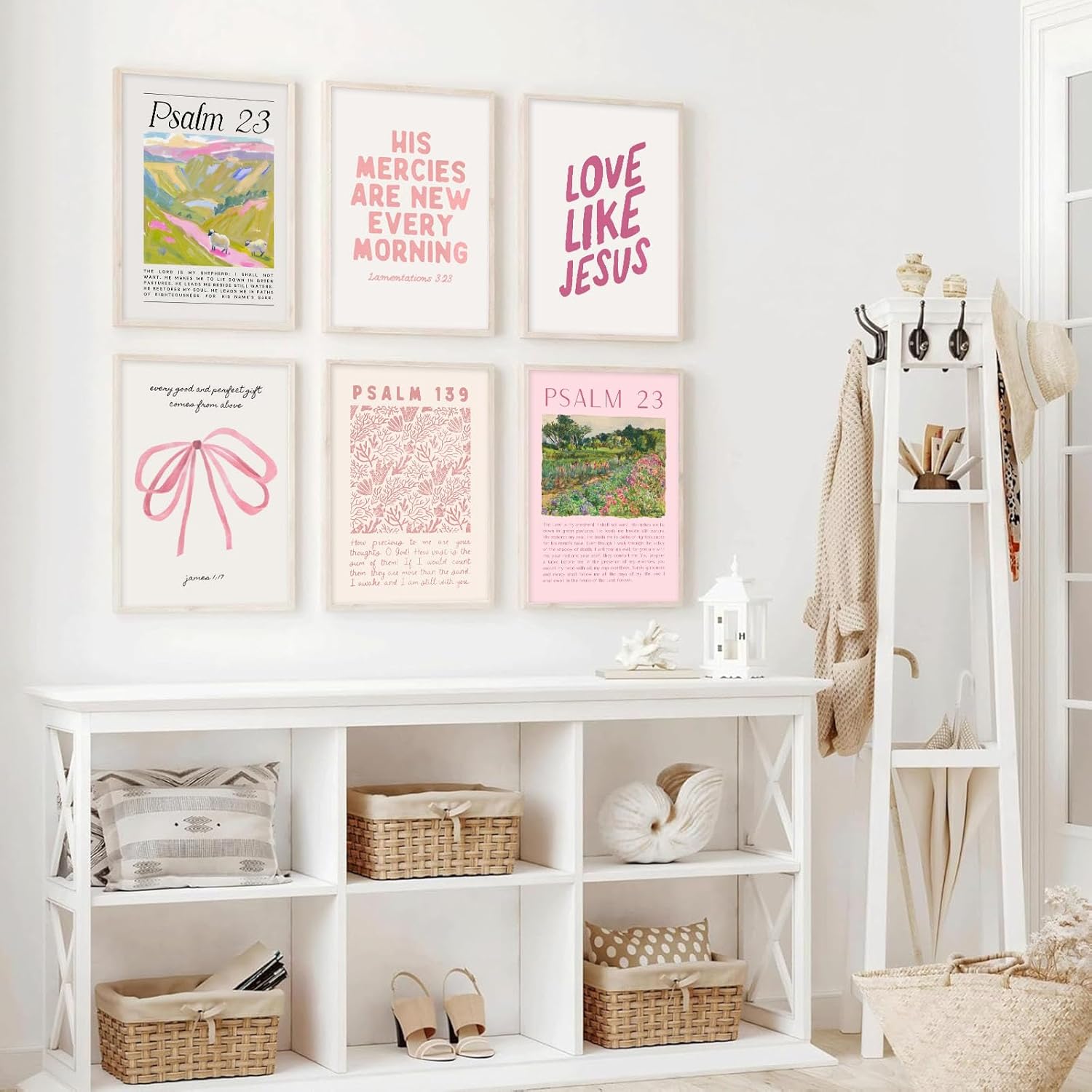 Pink Christian Canvas Wall Art set of 6 Bible Verse Bow Pictures Wall Decor Trendy Preppy Posters Prints Scripture Religious Jesus Painting Artwork for Girls Room Christian Housewarming Gift