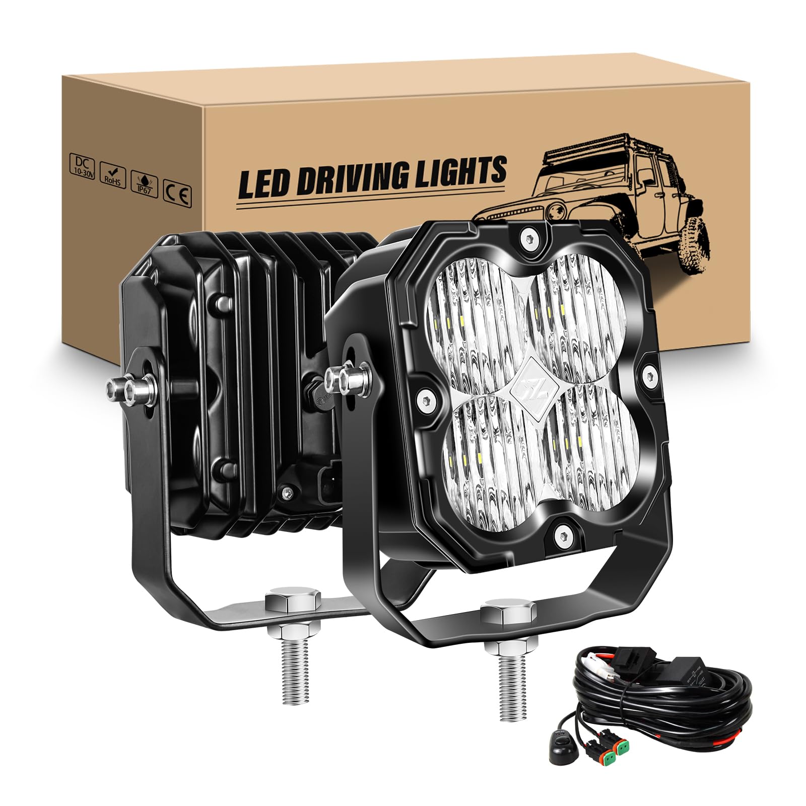 RIGIDON 2 szt. LED reflektor roboczy z zestawem wiązki światła 12 V DT, 10,9 cm 30 W 2500 LM światła robocze do pojazdów offroad samochodów ciężarowych ATV UTE 4x4 ciągnik łódź, 6000K światła