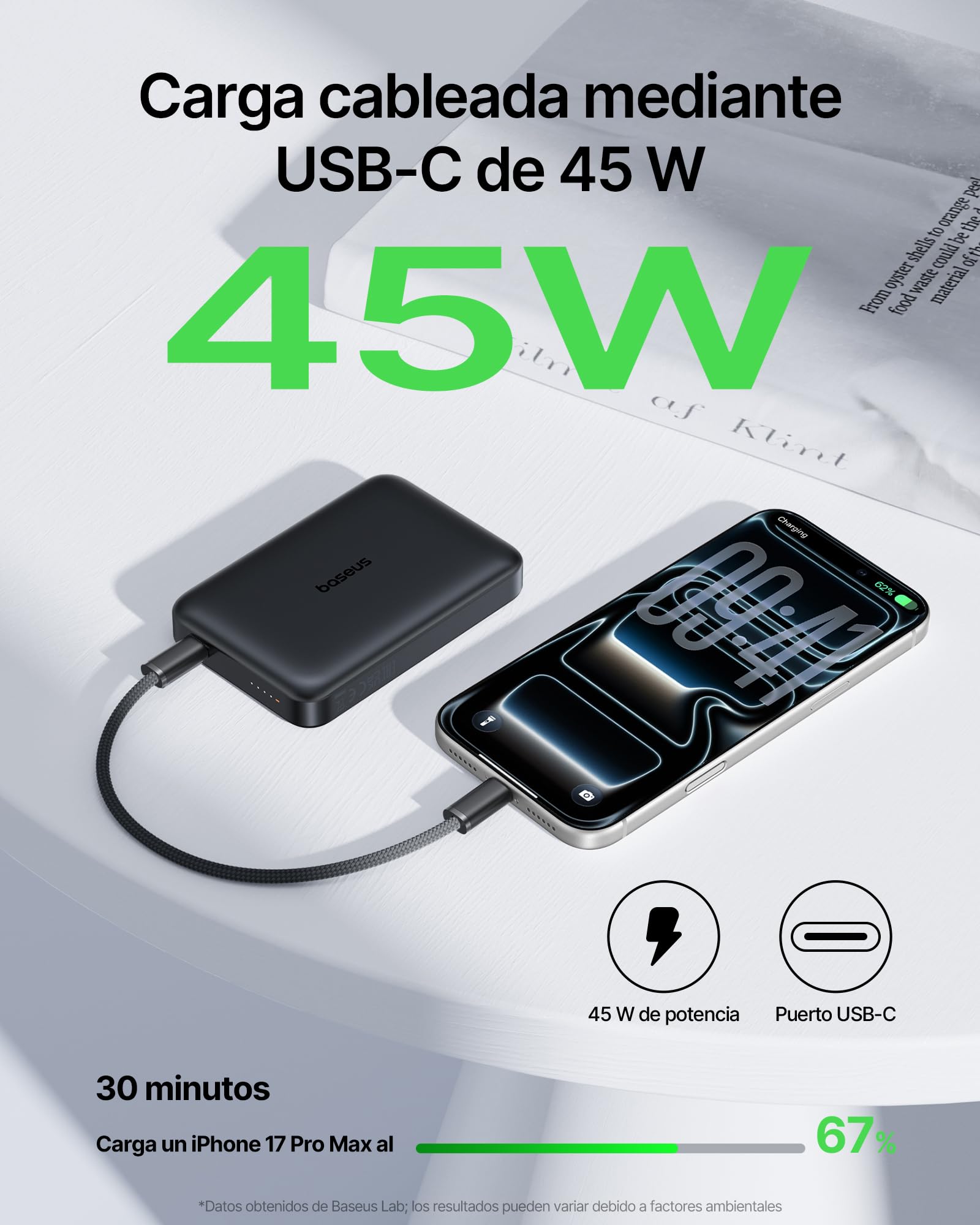 Baseus EnerFill FM21 Qi2.2 25W Powerbank Magsafe, Batería Externa Magnética 10000mAh, PD 45W USB C Carga Rápida, Power Bank Carga inalámbrica para iPhone 17, 16, 15 Pro MAX