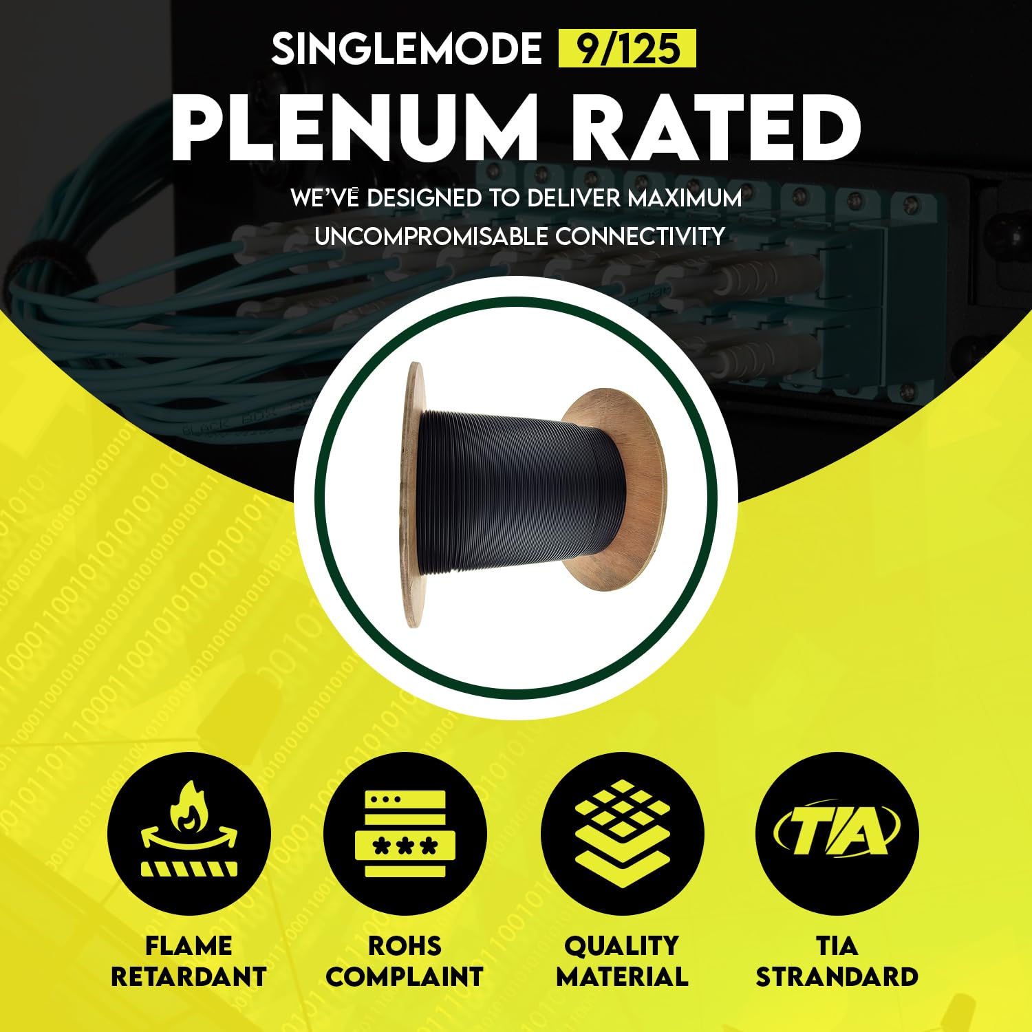 Plenum 12 Strand Singlemode OS2 9/125 Indoor/Outdoor Fiber Optic Cable, Corning SMF-28 Ultra, Black, PVC Jacket, 1000 Feet