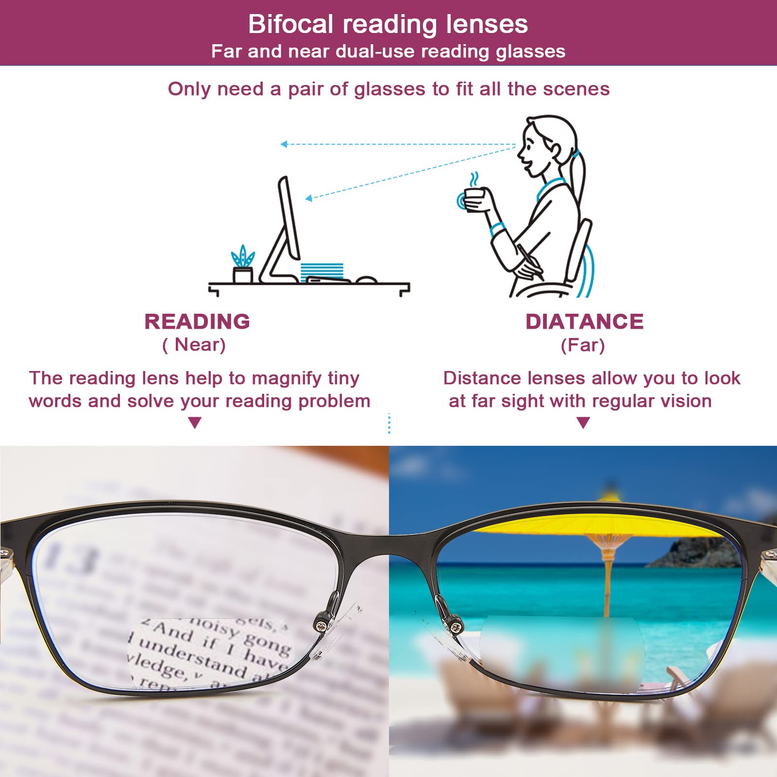 Bifokale Lesebrille für Damen, blaues Licht, transparente Kappe, Computerleser, breiter Metallrahmen, elegante Design-Gläser