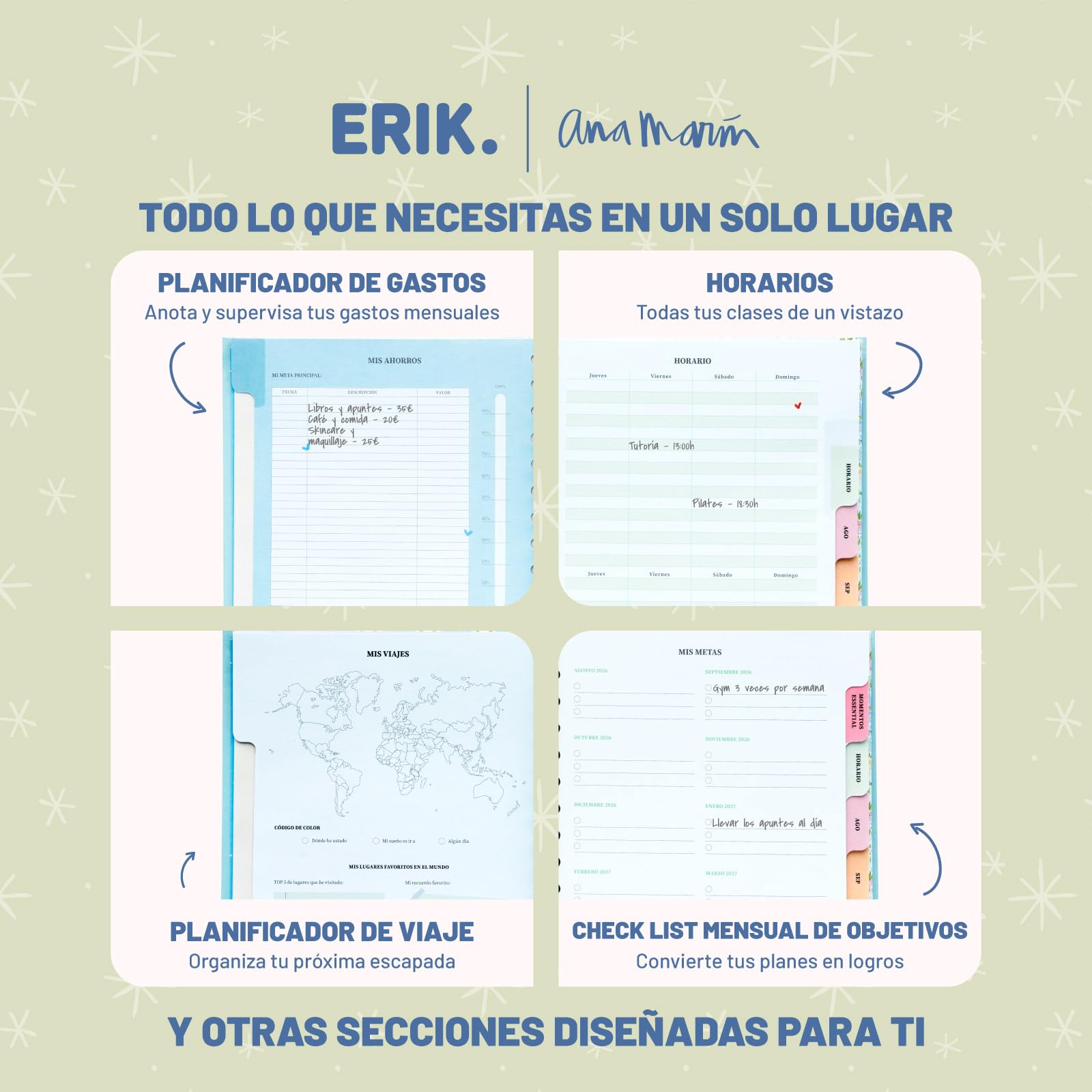 Grupo Erik Agenda escolar 2026 2027 Semana Vista Ana Marin en Español - Agenda Semana Vista A5 para niñas de Universidad e Instituto con Pestañas [Curso 26/27] Con Tapa dura, Pegatinas e Ilustraciones