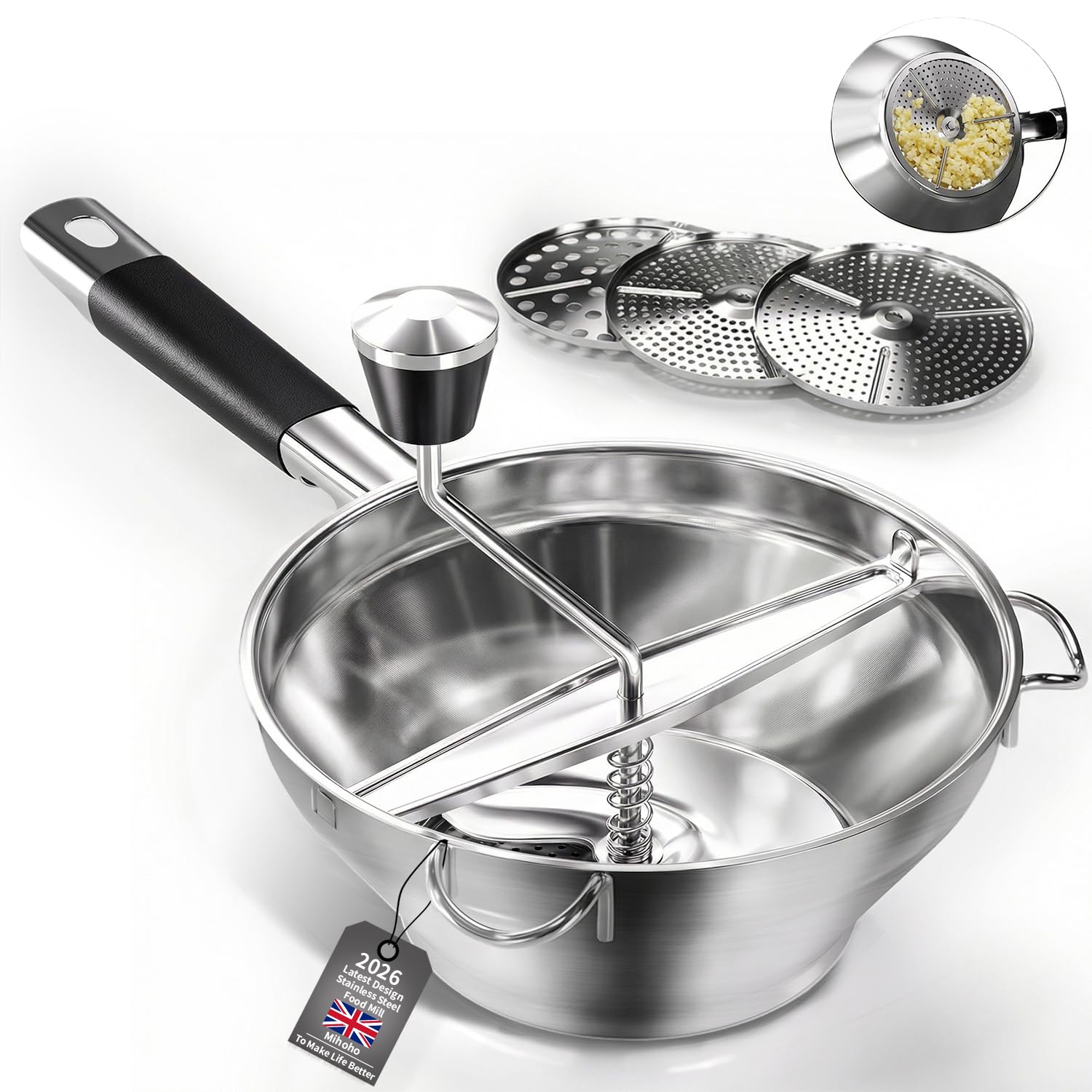 Stainless Steel Food Mill with 3 Milling Discs, Hand Crank Grinder for Baby Food,Ergonomic Rotary Design for Tomato Sauce & Mashed Potatoes, Easy to Clean & Durable Quality (Silver K)