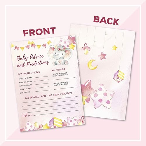 Miniatura 4 de 50 tarjetas de consejos y predicciones de elefante rosa de lujo, tamaño grande de doble cara de 5 x 7 pulgadas para juego de baby shower, nuevo
