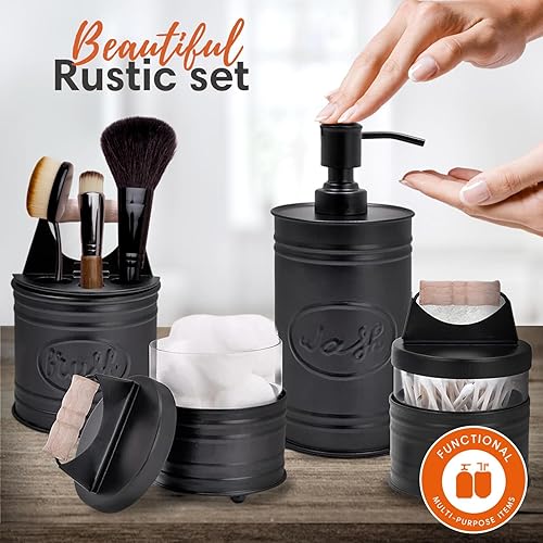 Miniatura 7 de Autumn Alley Juego de accesorios de baño rústicos, dispensador de jabón negro de granja, soporte para cepillos de dientes negro mate, 2 tarros de